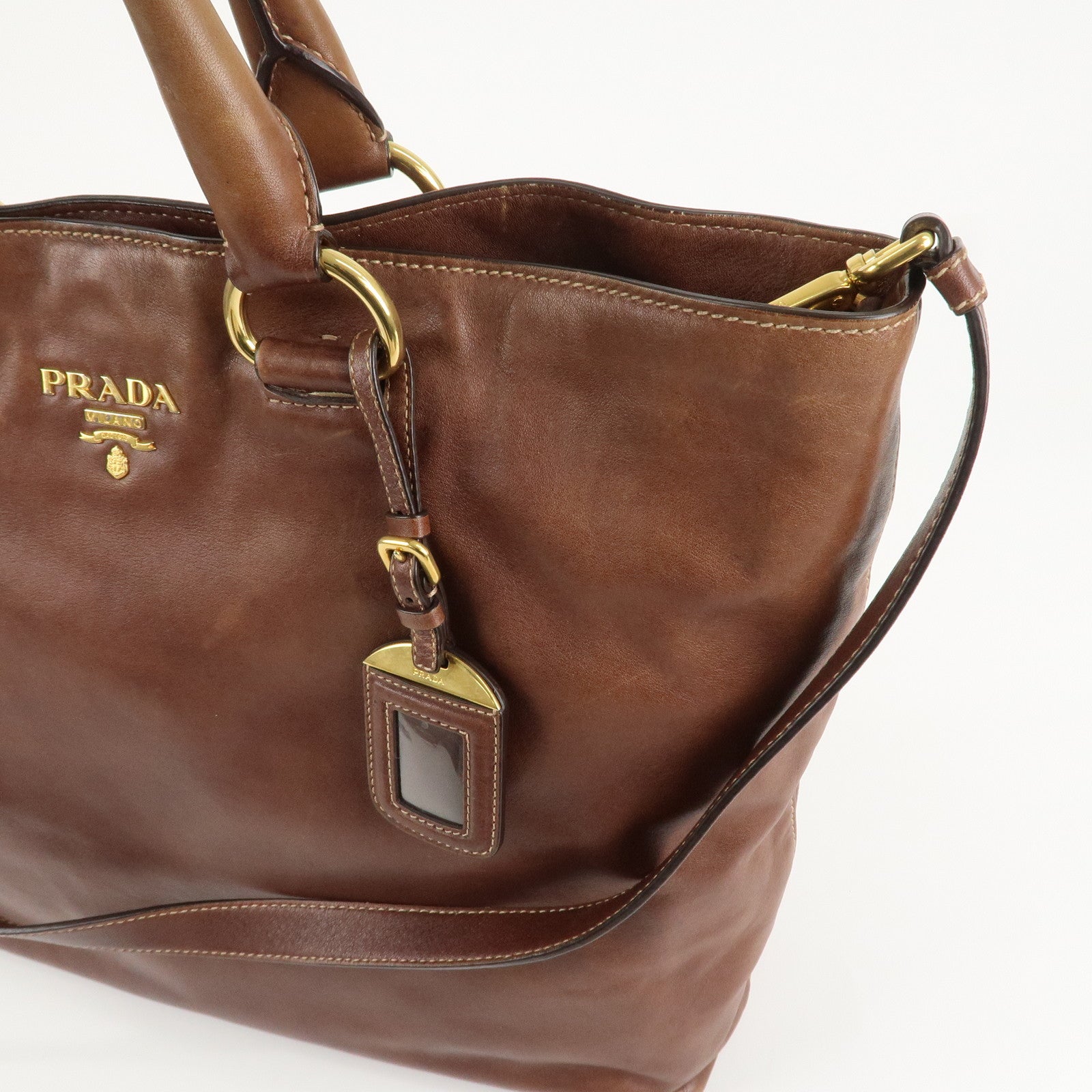 PRADA Logo Leather 2way Shoulder Bag Tote Bag Gold HDW Brown Used
