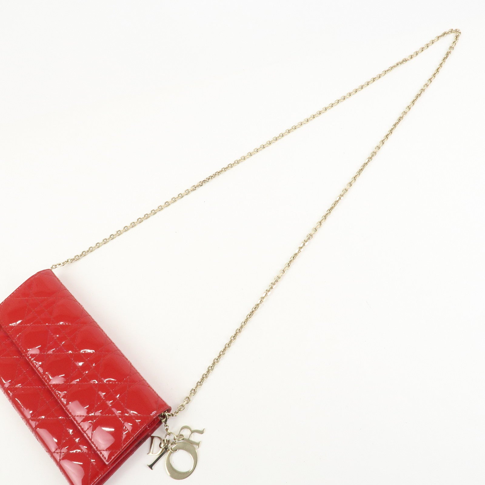 Christian Dior Cannage Patent Leather Chain Long Wallet WOC Red