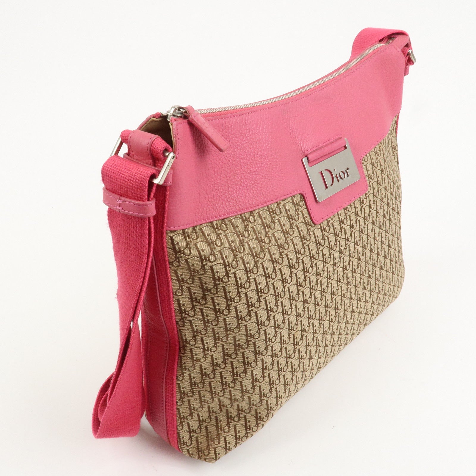 Christian Dior Trotter Canvas Leather Shoulder Bag Beige Pink