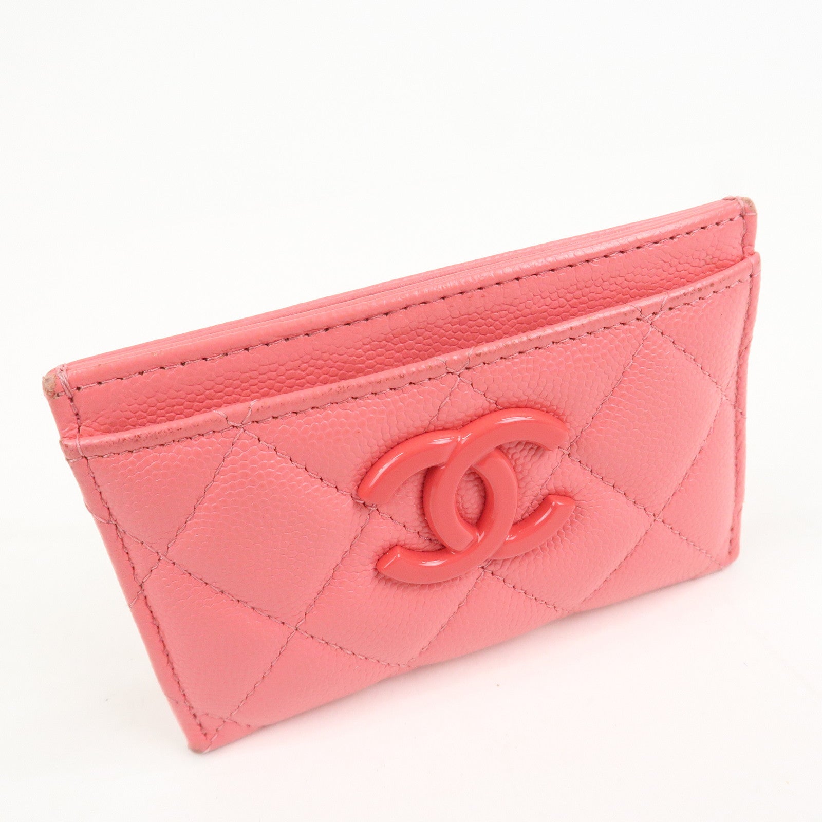 CHANEL COCO Mark Matelasse Caviarskin Card Case Pink