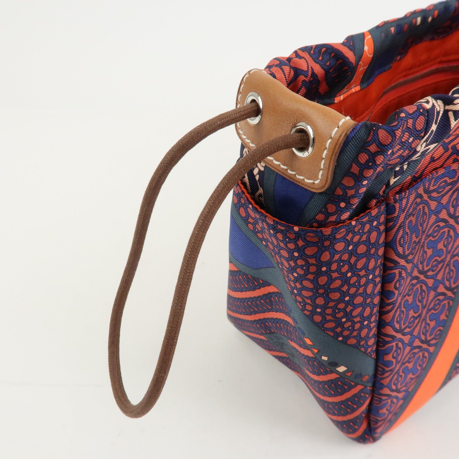 HERMES Fourbi 25 Silk Leather Drawstring Hand Bag Pouch Orange Navy