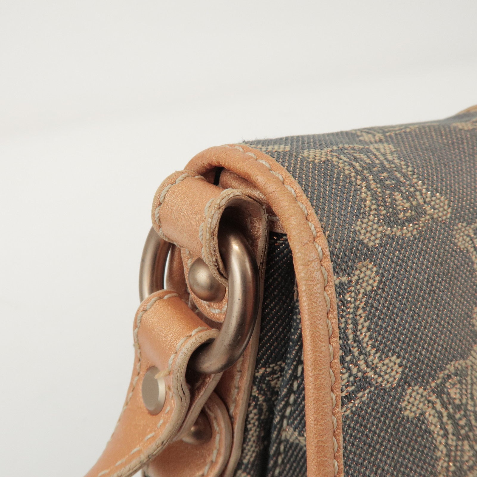 CELINE Macadam Denim Leather Shoulder Bag Metallic Pink Beige