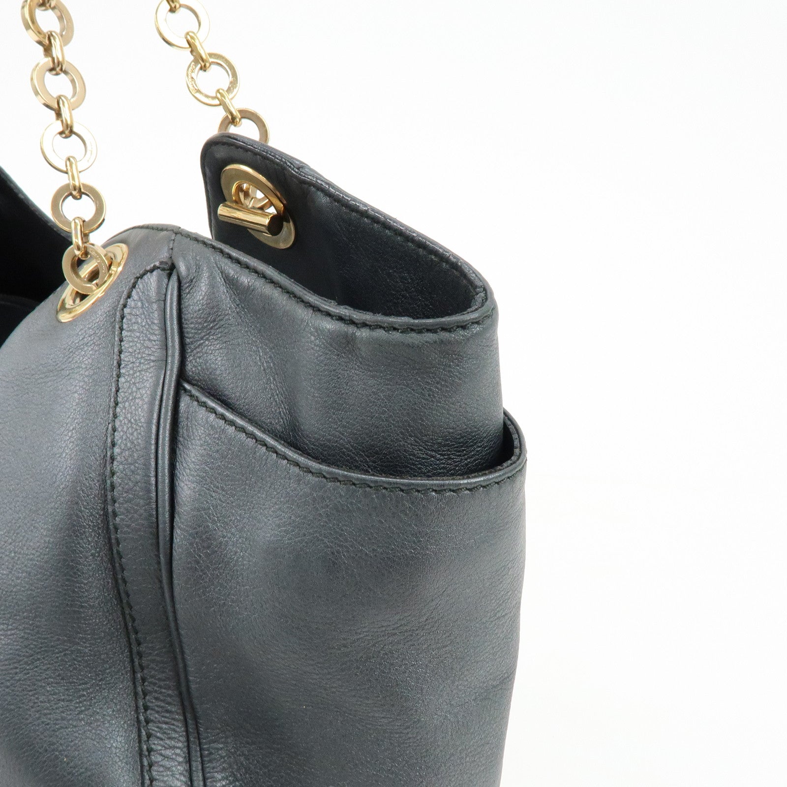 Ferragamo Gancini Leather Chain Tote Bag Shoulder Bag Black