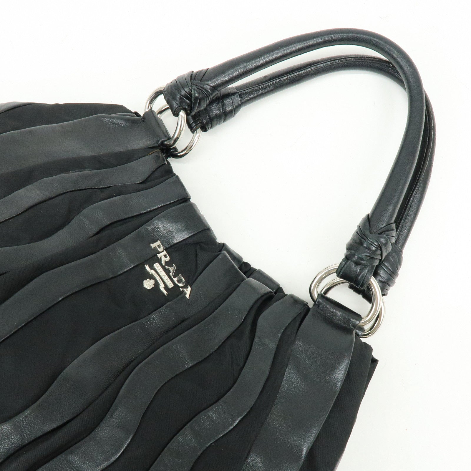 PRADA Logo Leather Nylon Tote Bag Shoulder Bag Black BR3994