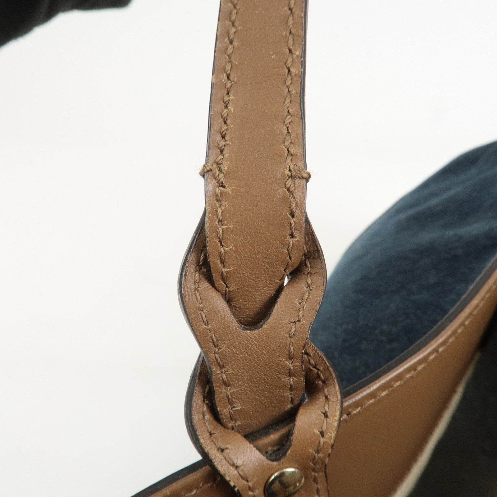 GUCCI Craft Denim Leather Tote Bag Hand Bag Navy Brown 348715