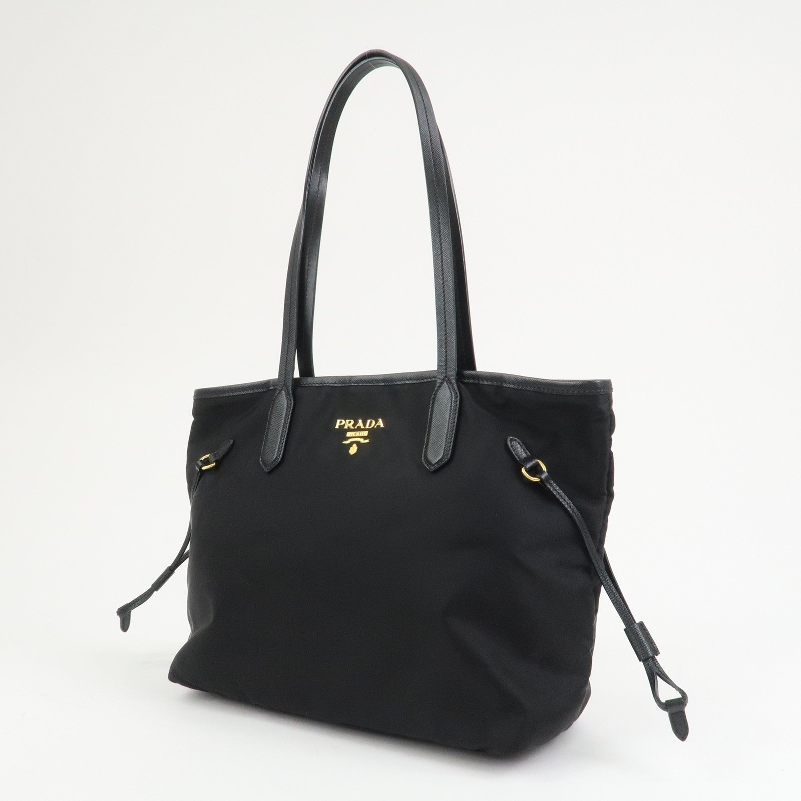 PRADA Logo Nylon Saffiano Leather Tote Bag Shoulder Bag Black