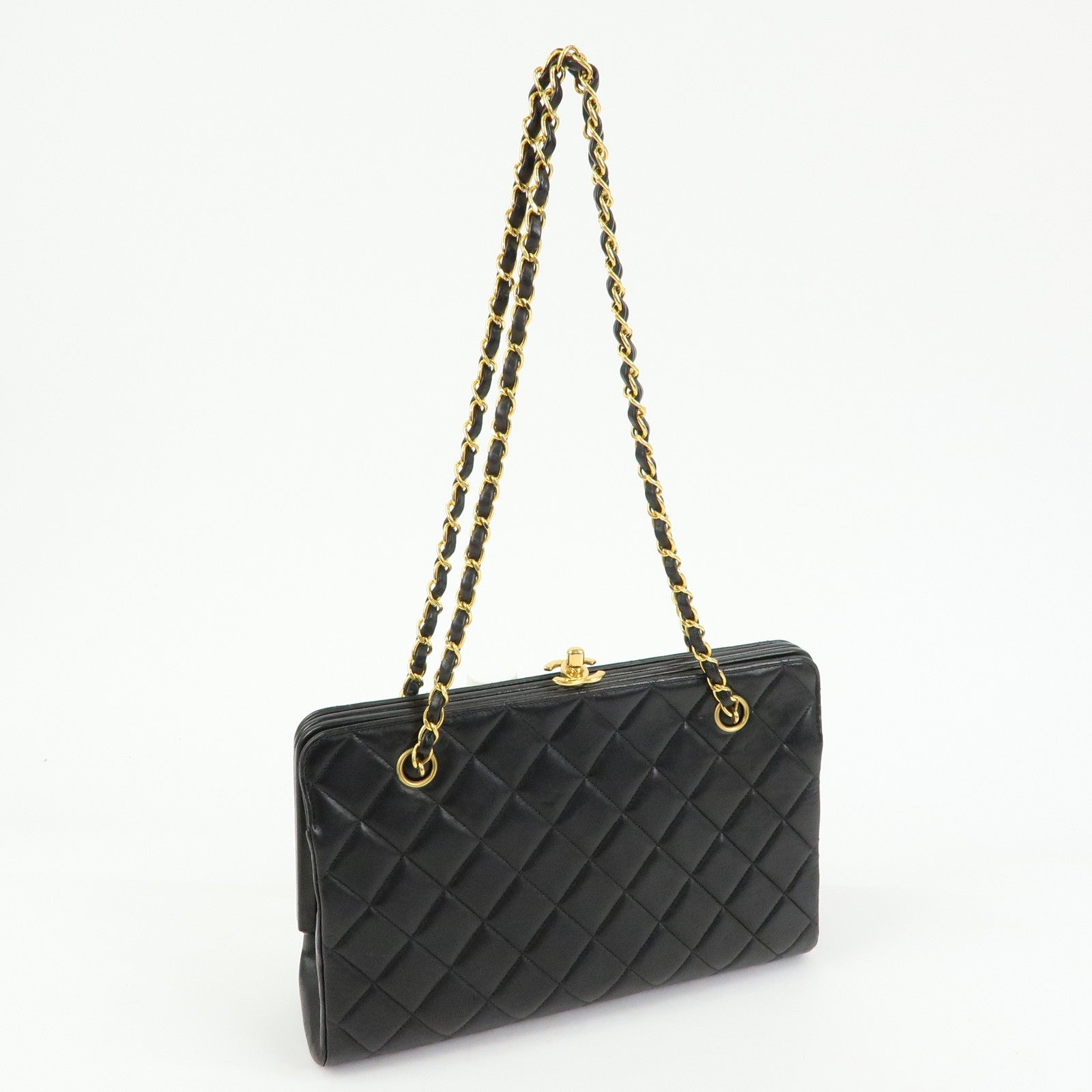 CHANEL Matelasse Lamb Skin Chain Kiss Lock Shoulder Bag Black Gold