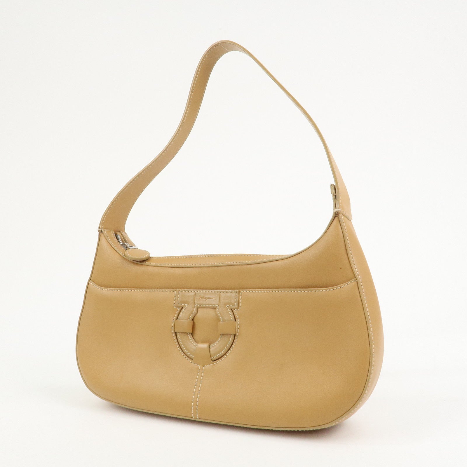 Ferragamo Gancini Leather Shoulder Bag Hand Bag Light Brown