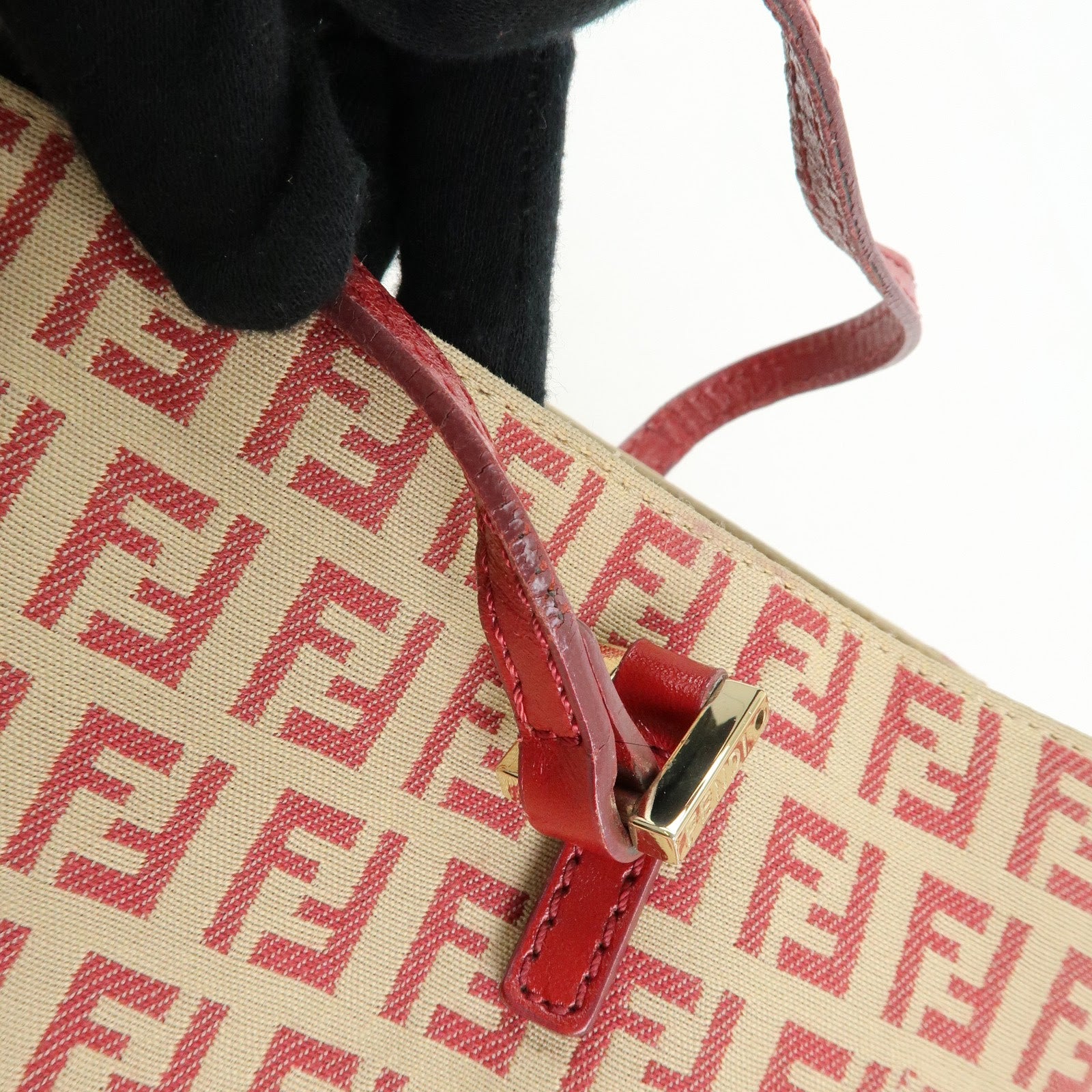 FENDI Zucchino Canvas Leather Hand Bag Tote Bag Beige Red 8BH132