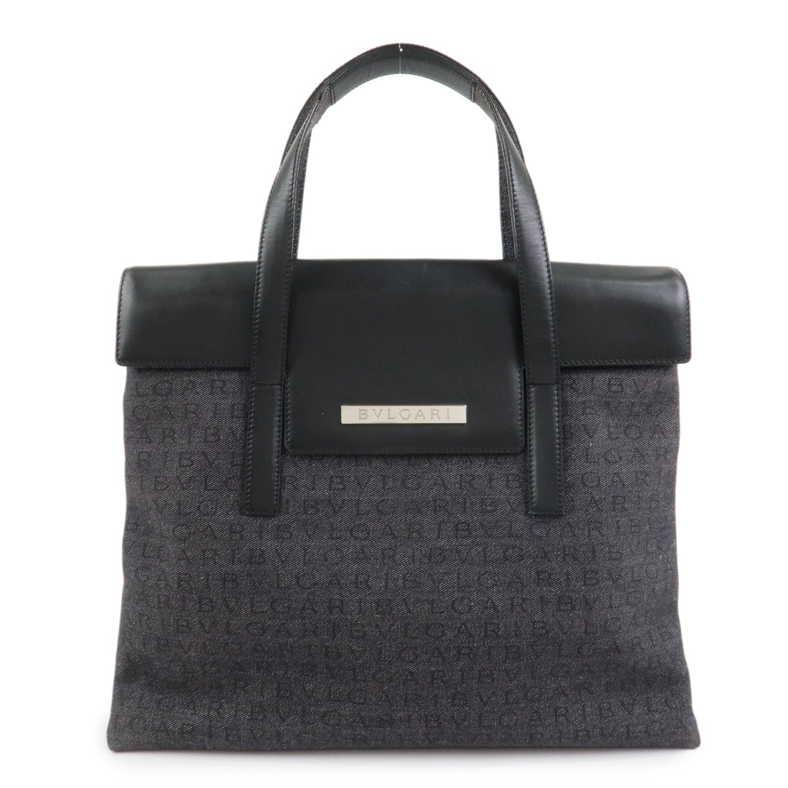 BVLGARI Logo Mania Canvas Leather Tote Bag Hand Bag Black