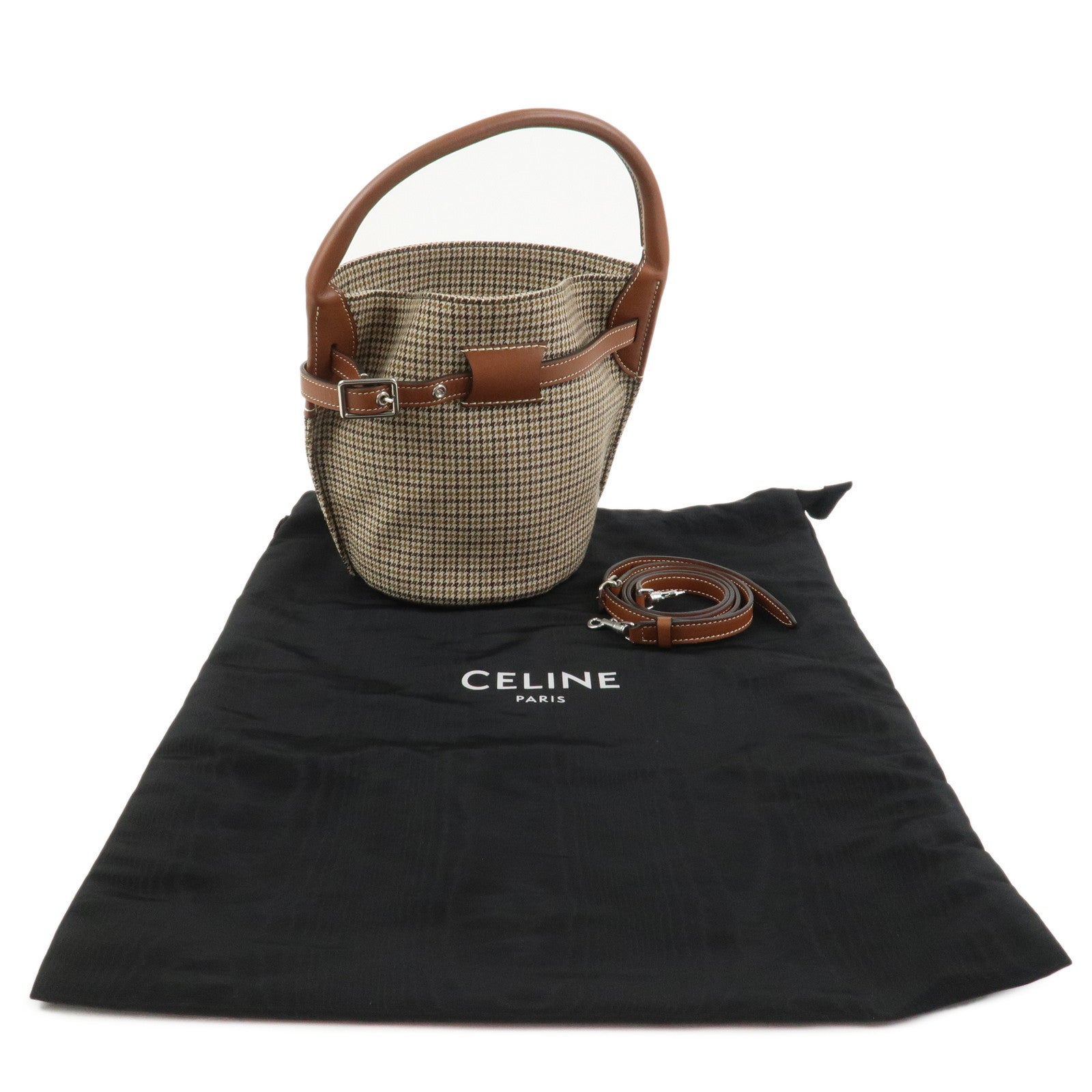 CELINE Big Bag Canvas Wool Leather 2WAY Hand Bag Nano Bucket Brown
