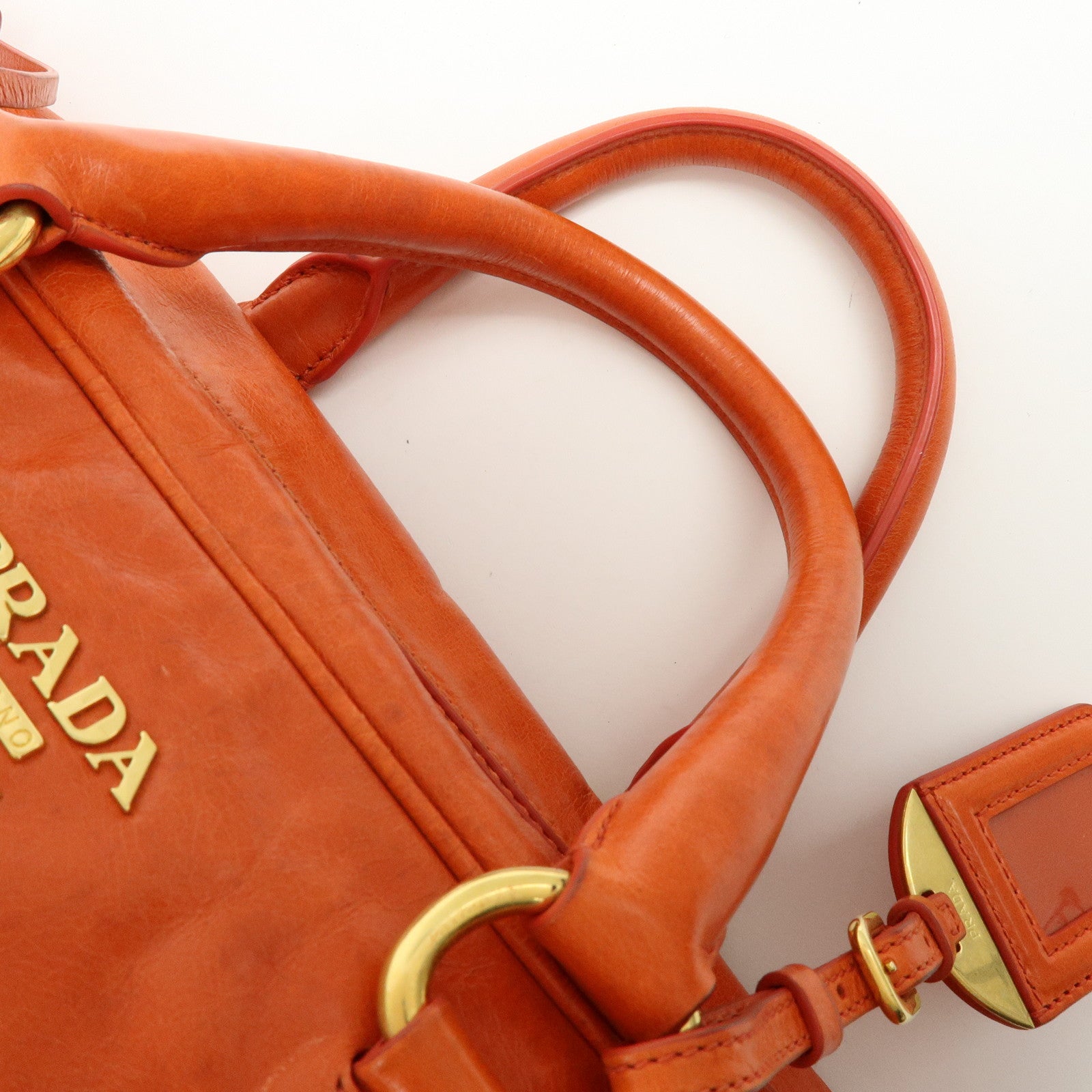PRADA Logo Leather Boston Bag Hand Bag Shoulder Bag Orange BL0821