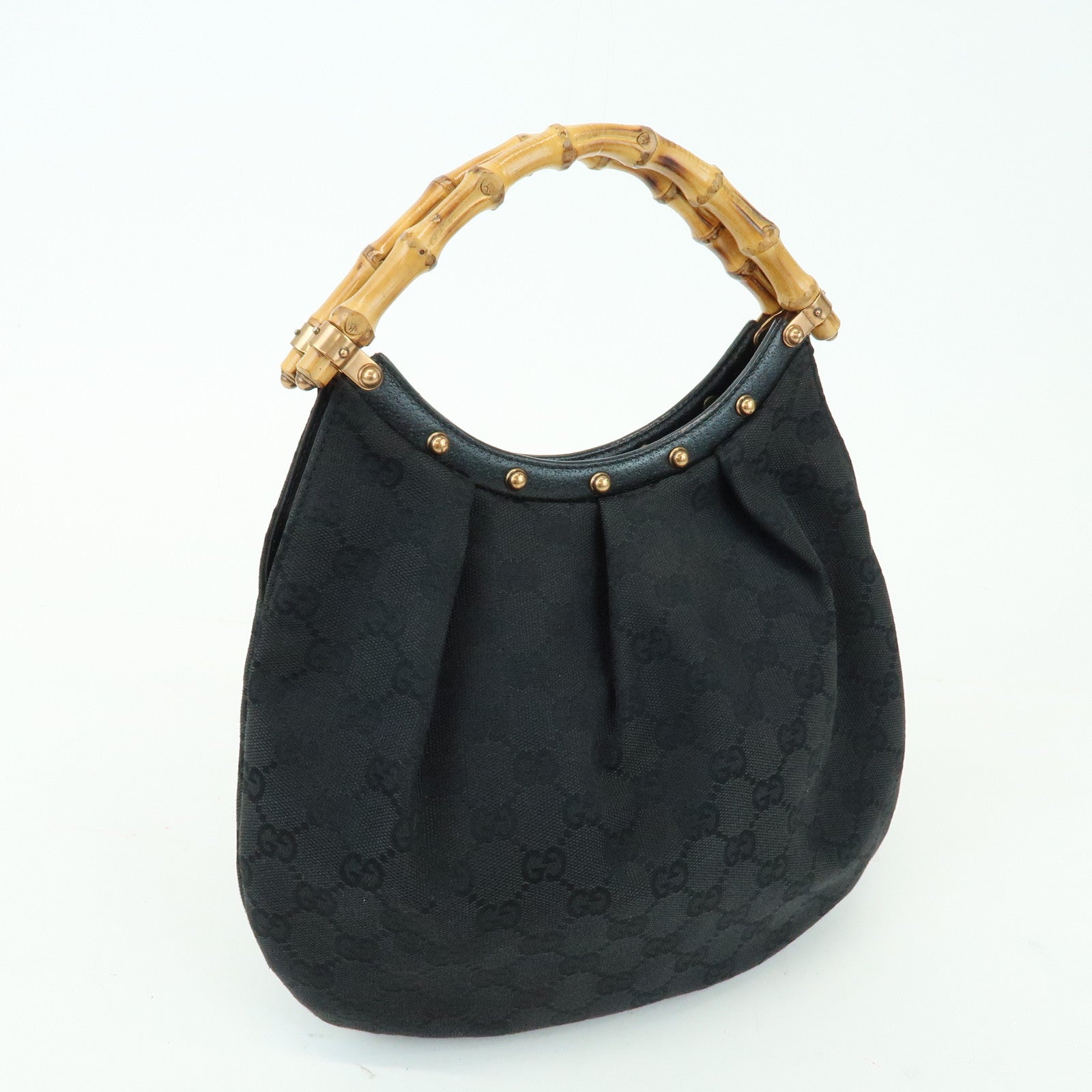 GUCCI Bamboo GG Canvas Leather Hand Bag Shoulder Bag Black 124297