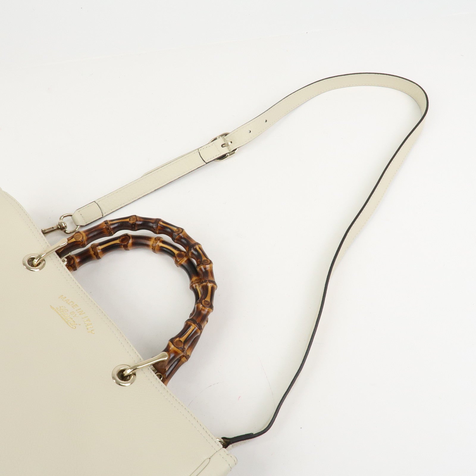 GUCCI Bamboo Leather Shopper Medium 2Way Shoulder Bag Ivory 323660