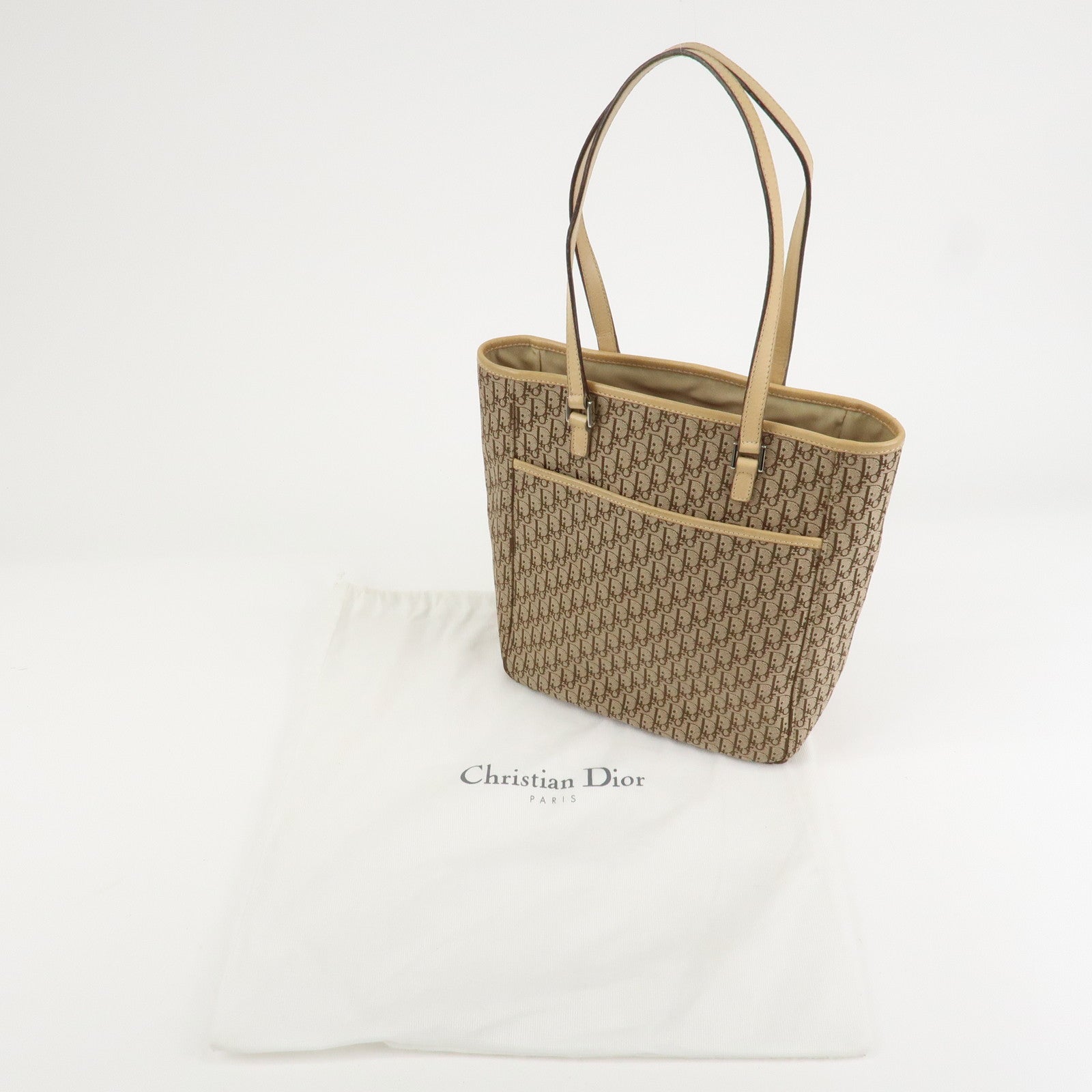Christian Dior Trotter Leather Canvas Tote Bag Shoulder Bag Beige