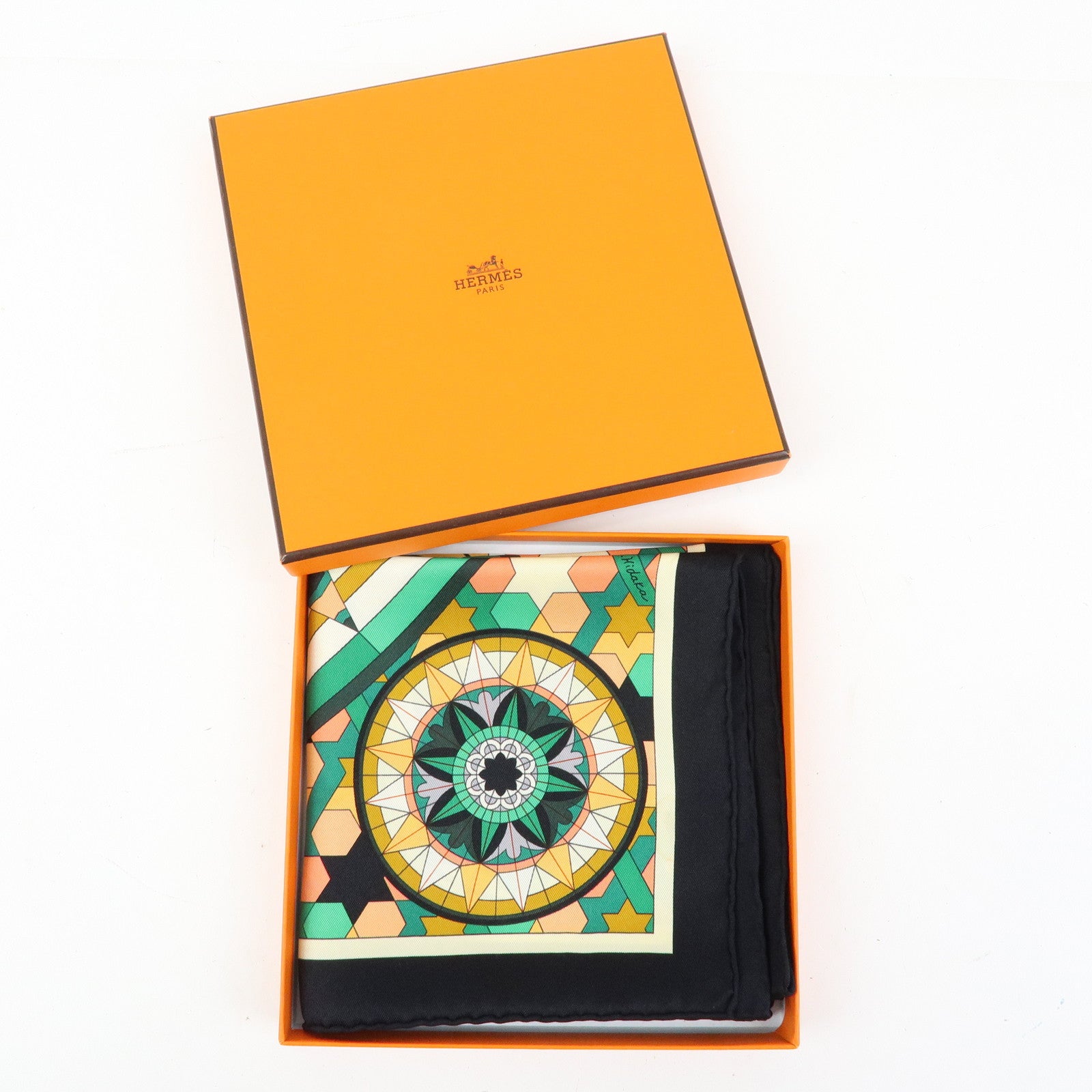 HERMES Carre 70 Silk 100% Scarf ROSE DE COMPAS Black Green