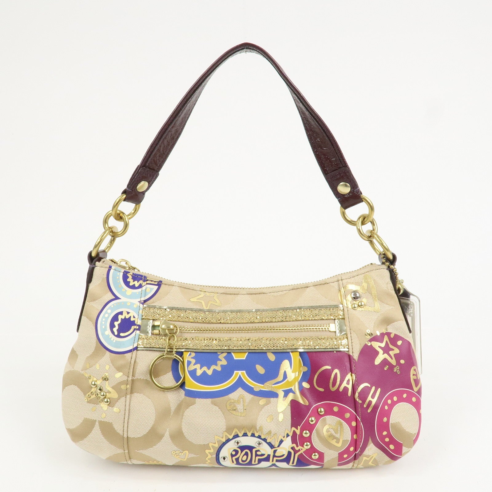 COACH POPPY Canvas Patent Leather 2Way Shoulder Bag Hand Bag Beige