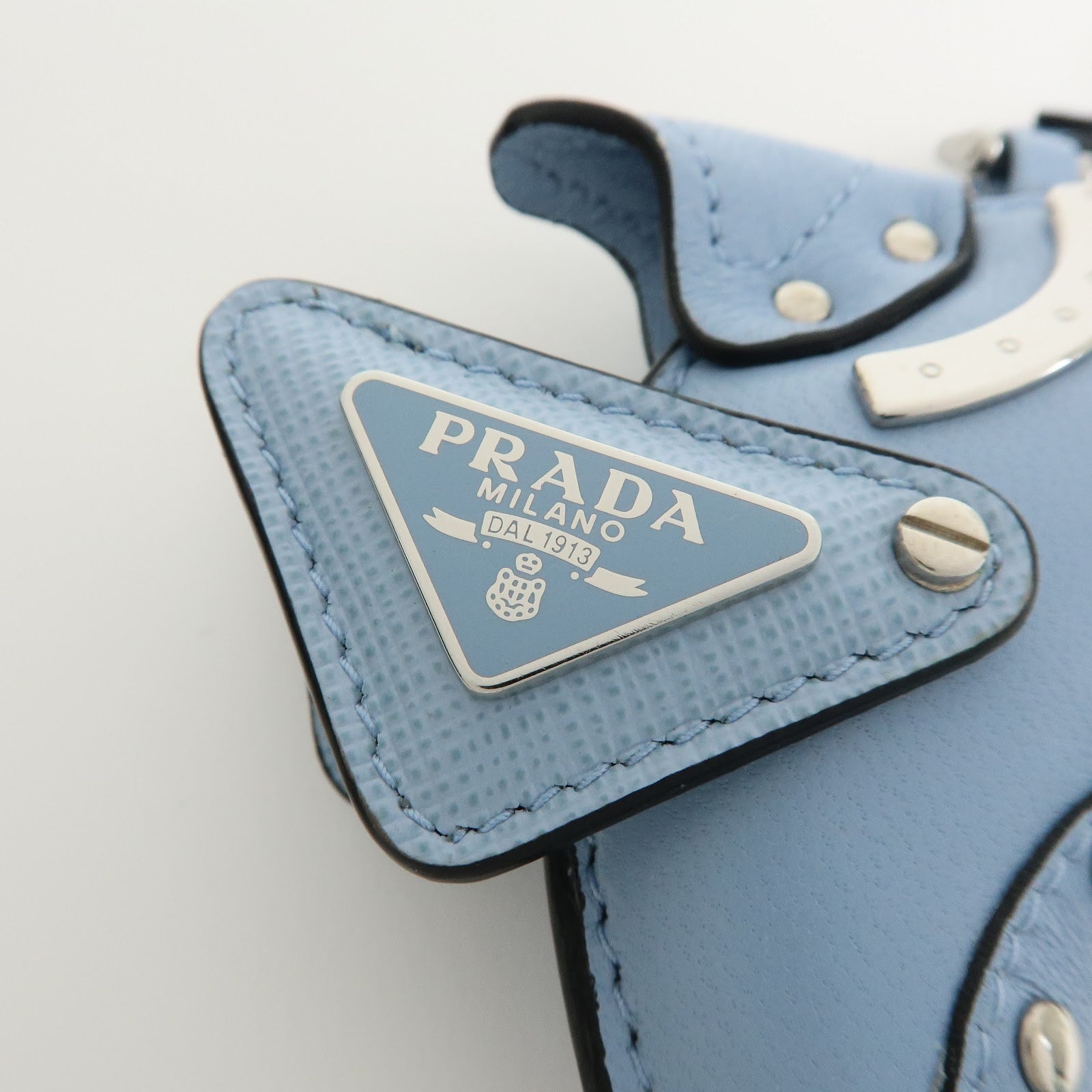 PRADA Triangle Logo Dolphin Motif Leather Key Charm Light Blue