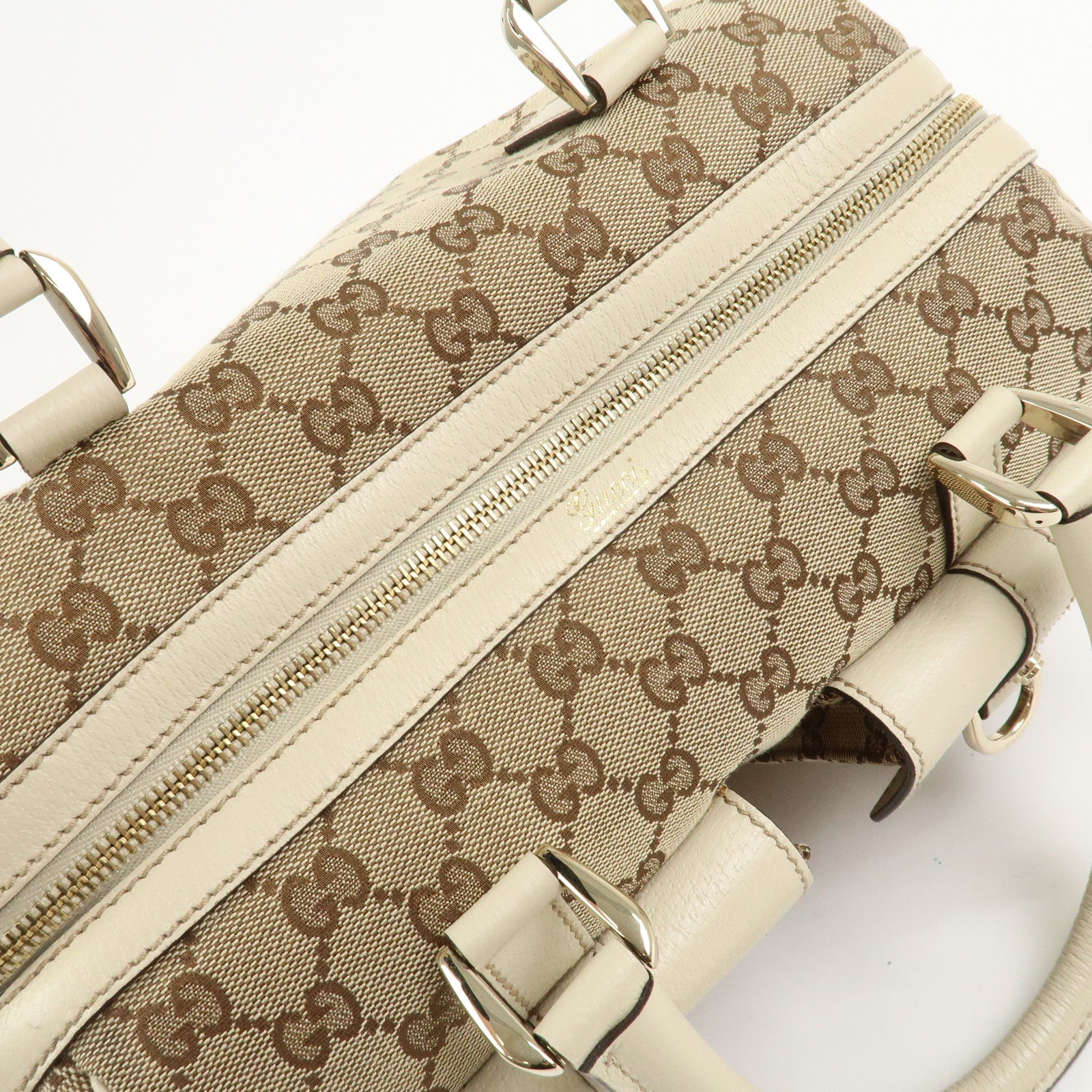 GUCCI GG Canvas Leather Mini Boston Bag Hand Bag Brown Ivory 153026