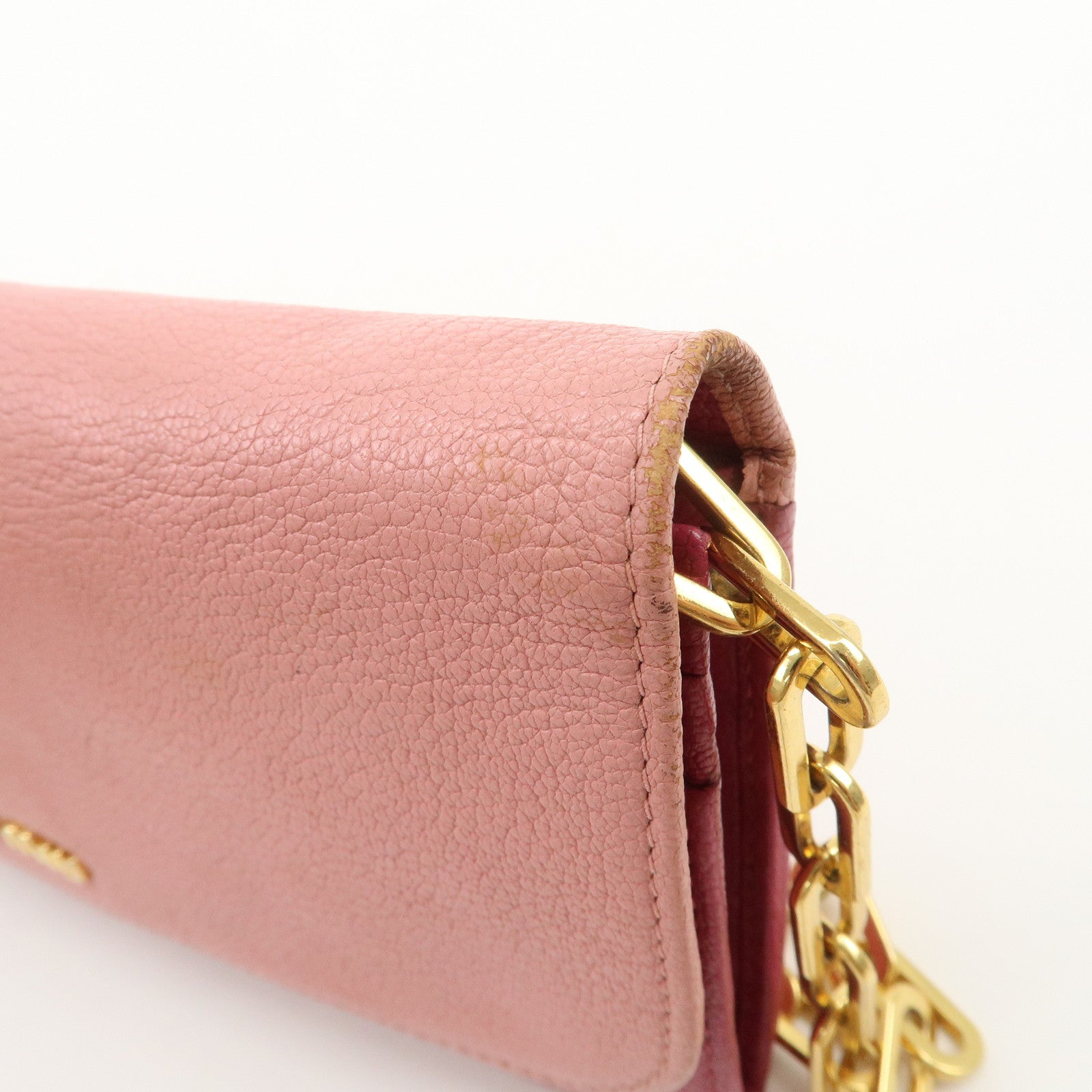 MIU MIU Logo Leather WOC Chain Shoulder Long Wallet Pink 5M1290