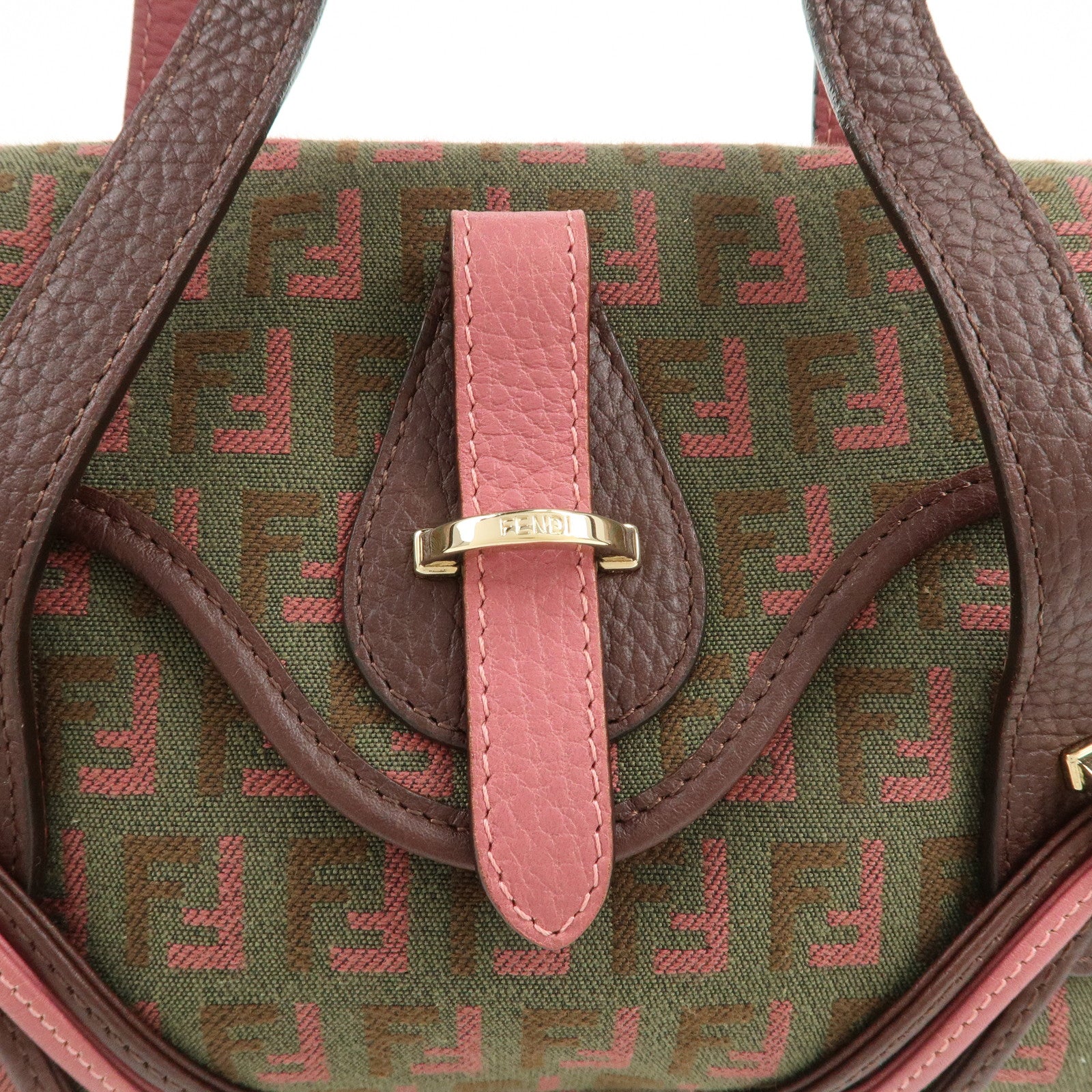 FENDI Zucchino Logo Canvas Leather Hand Bag Brown Pink 8BN147
