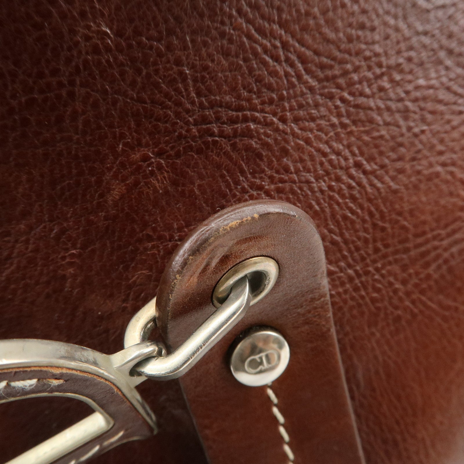 Christian Dior Leather Flower Embroidery Tote Shoulder Bag Brown