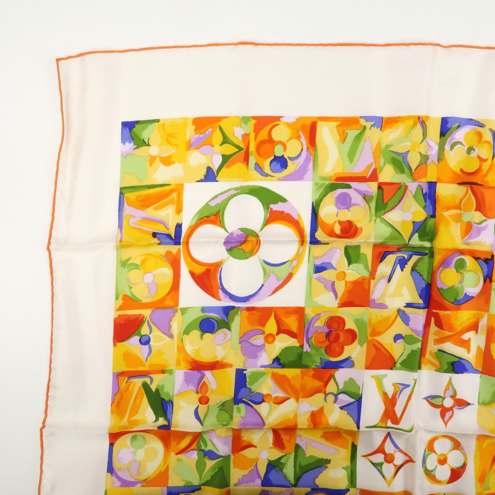 Louis Vuitton Monogram Silk 100％ Scarf White Orange Watercolor
