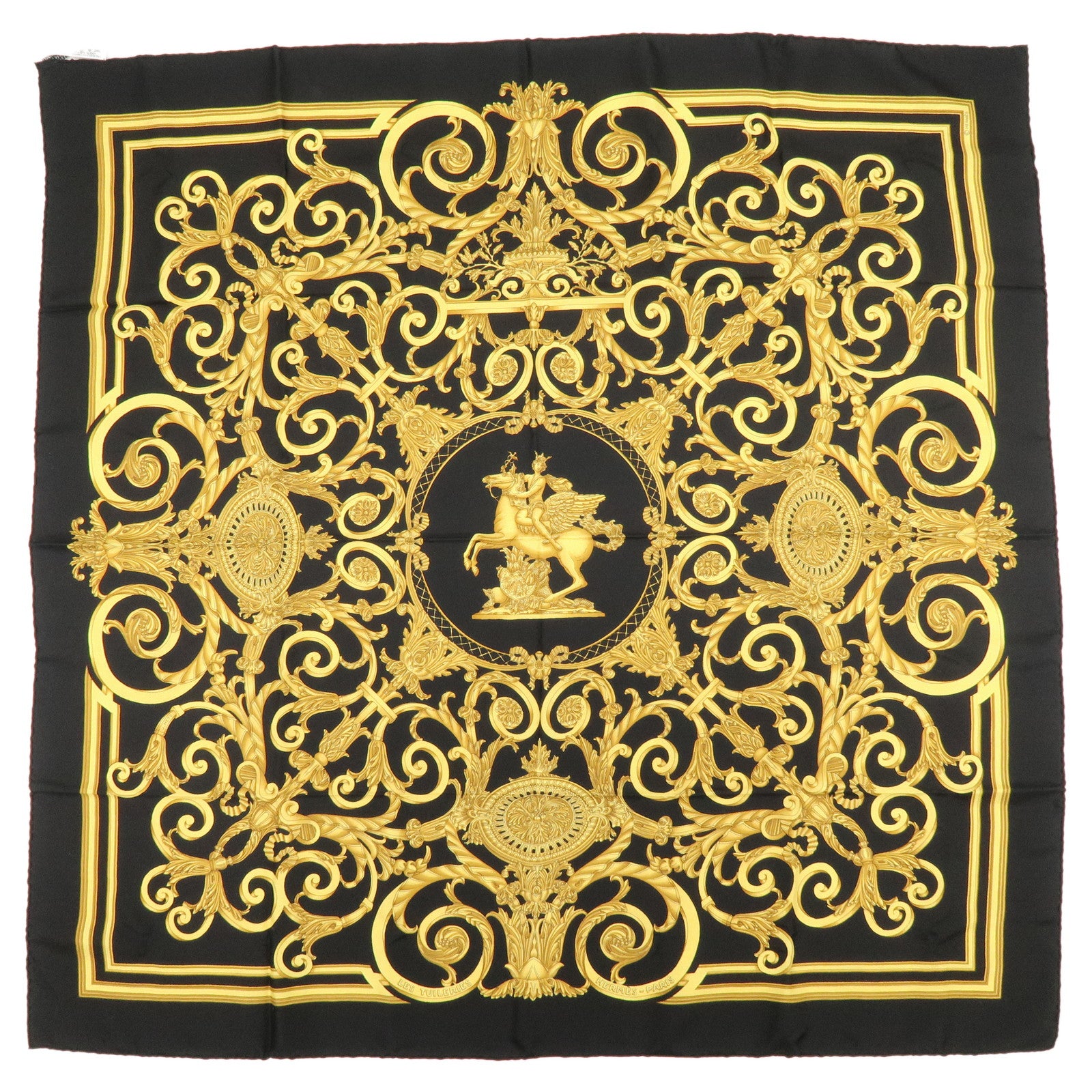 HERMES Carre 90 Silk 100% Scarf LES TUILERIES Black Gold
