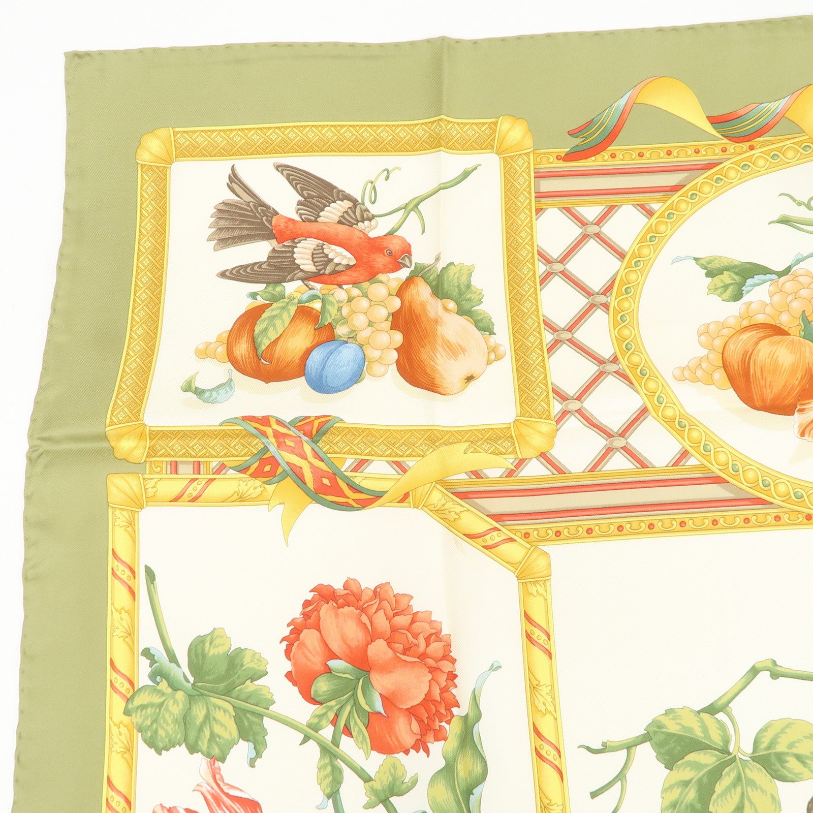 Ferragamo Flower Fruit Motif Silk 100% Scarf Ivory Green Orange