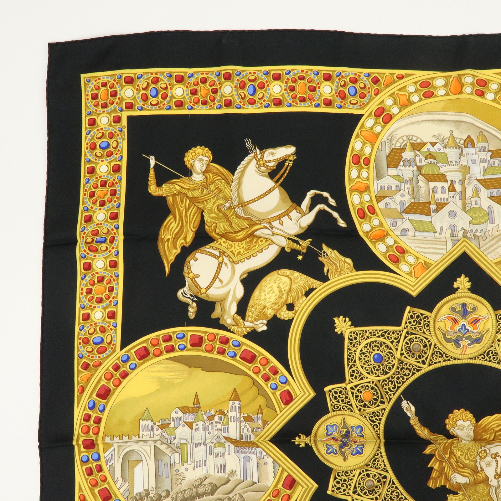 HERMES Carre 90 Silk 100% LE TRIOMPHE DU PALADIN Black Gold