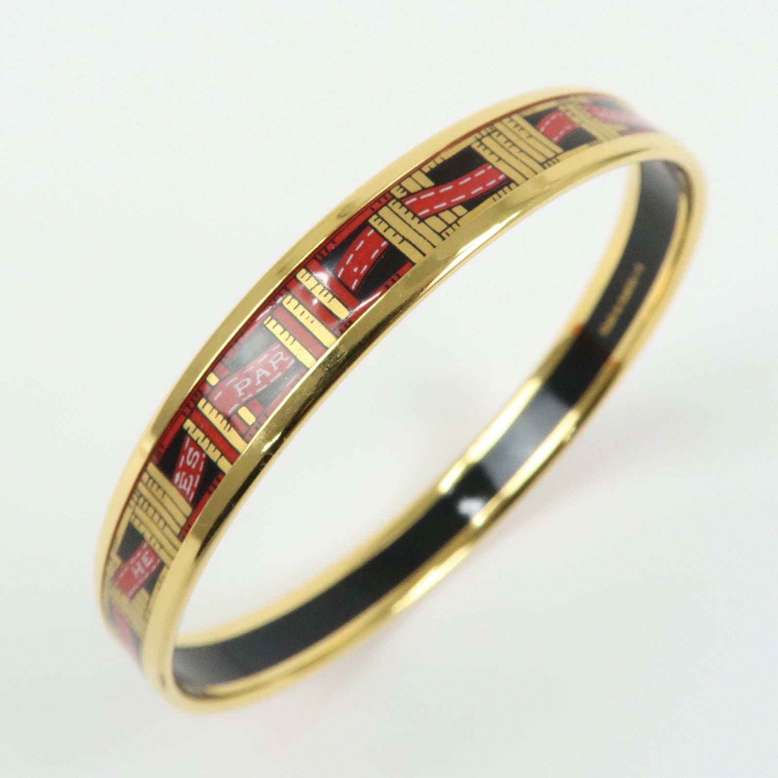 HERMES Email PM Bracelet Bangle Ribbon Motif Metal Gold Red Black