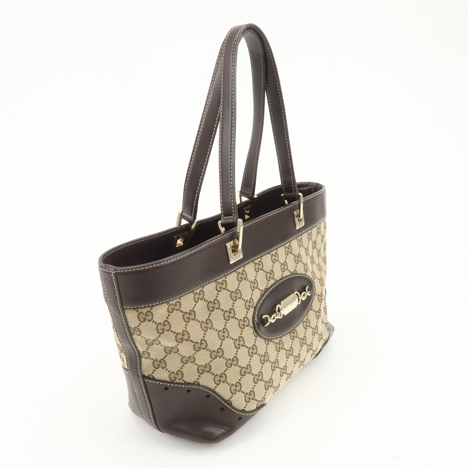 GUCCI GG Canvas Leather Tote Bag Hand Bag Brown Beige 145993