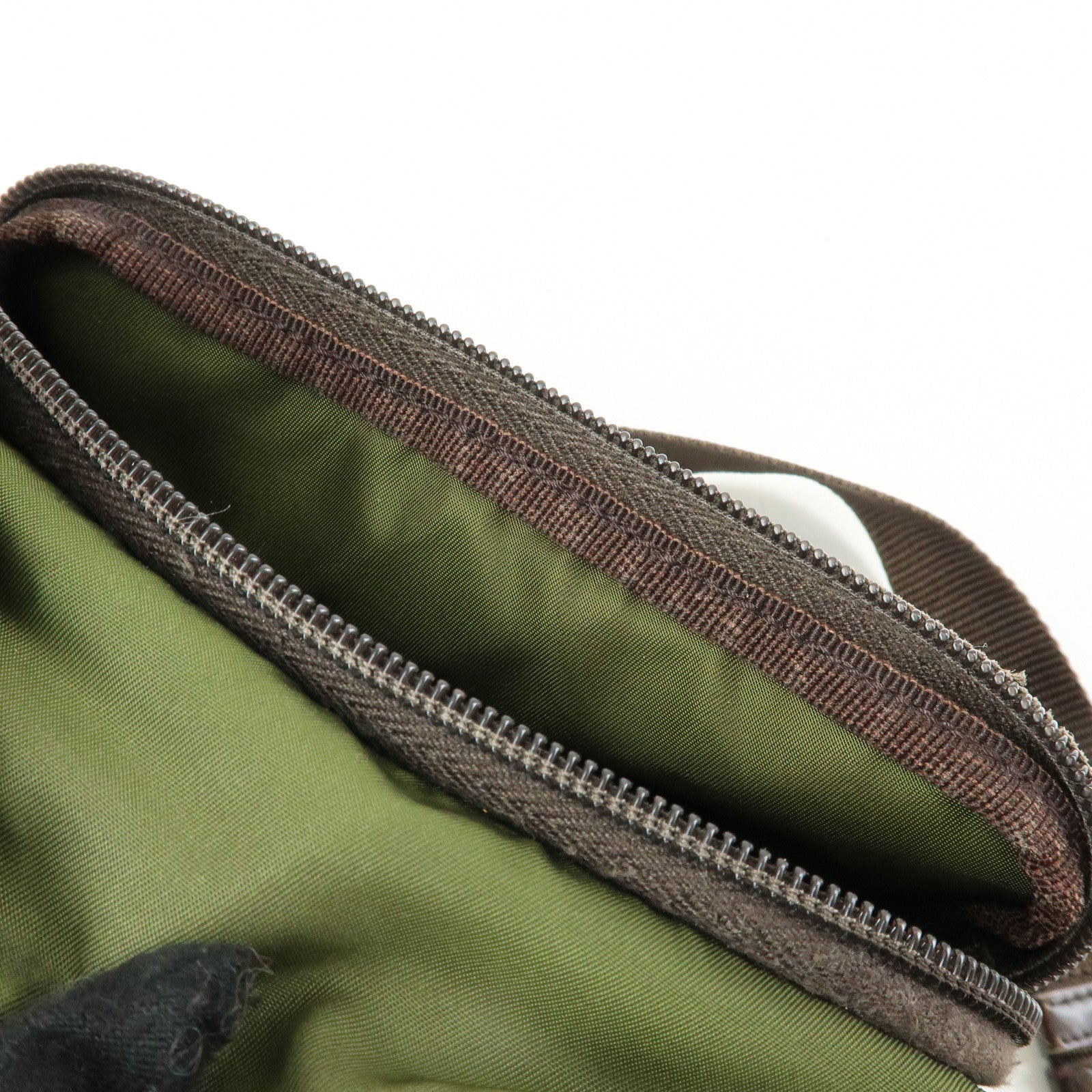 PRADA Triangle Logo Nylon Leather Shoulder Bag Khaki Brown