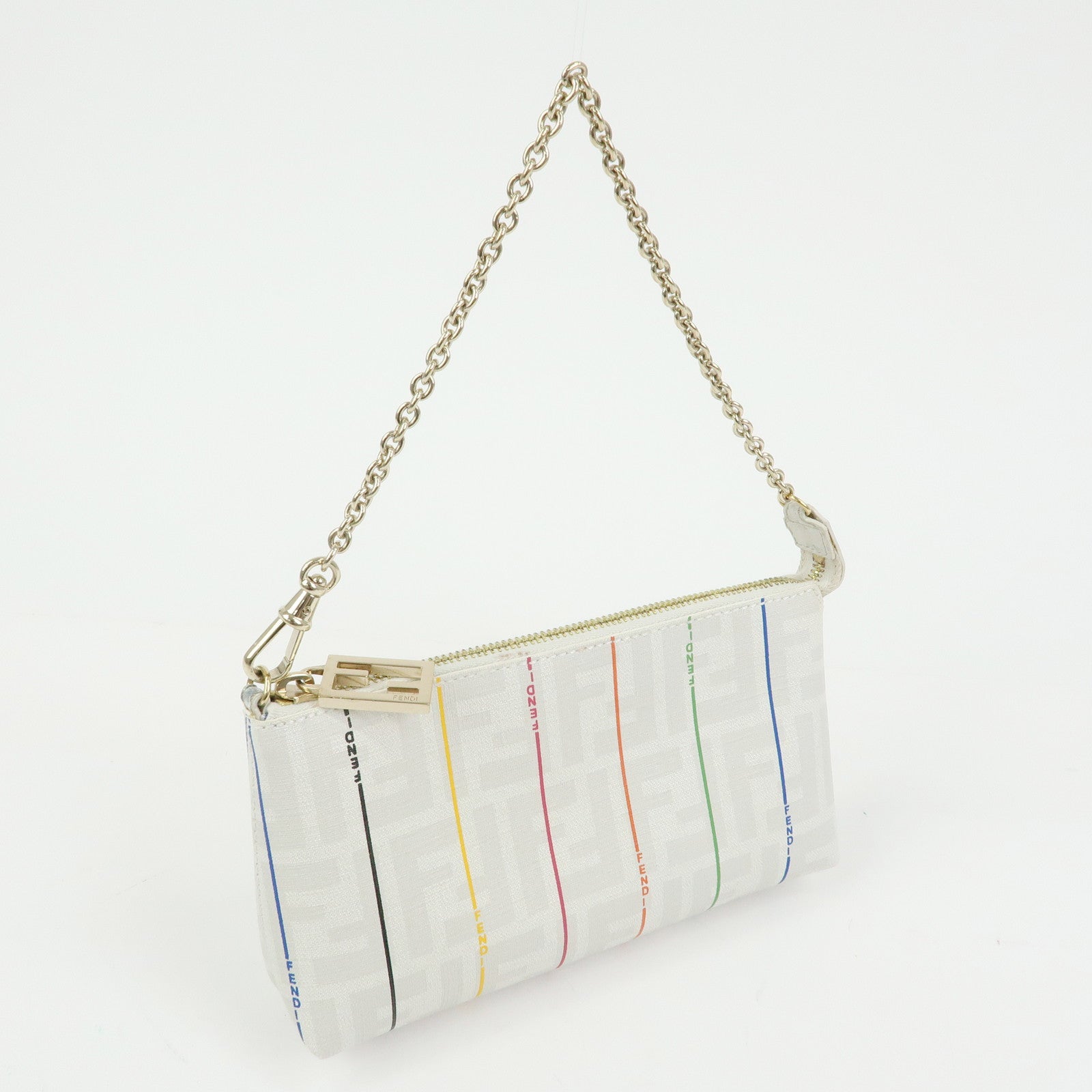 FENDI Zucca PVC Chain Accessory Pouch Hand Bag White 8BR592