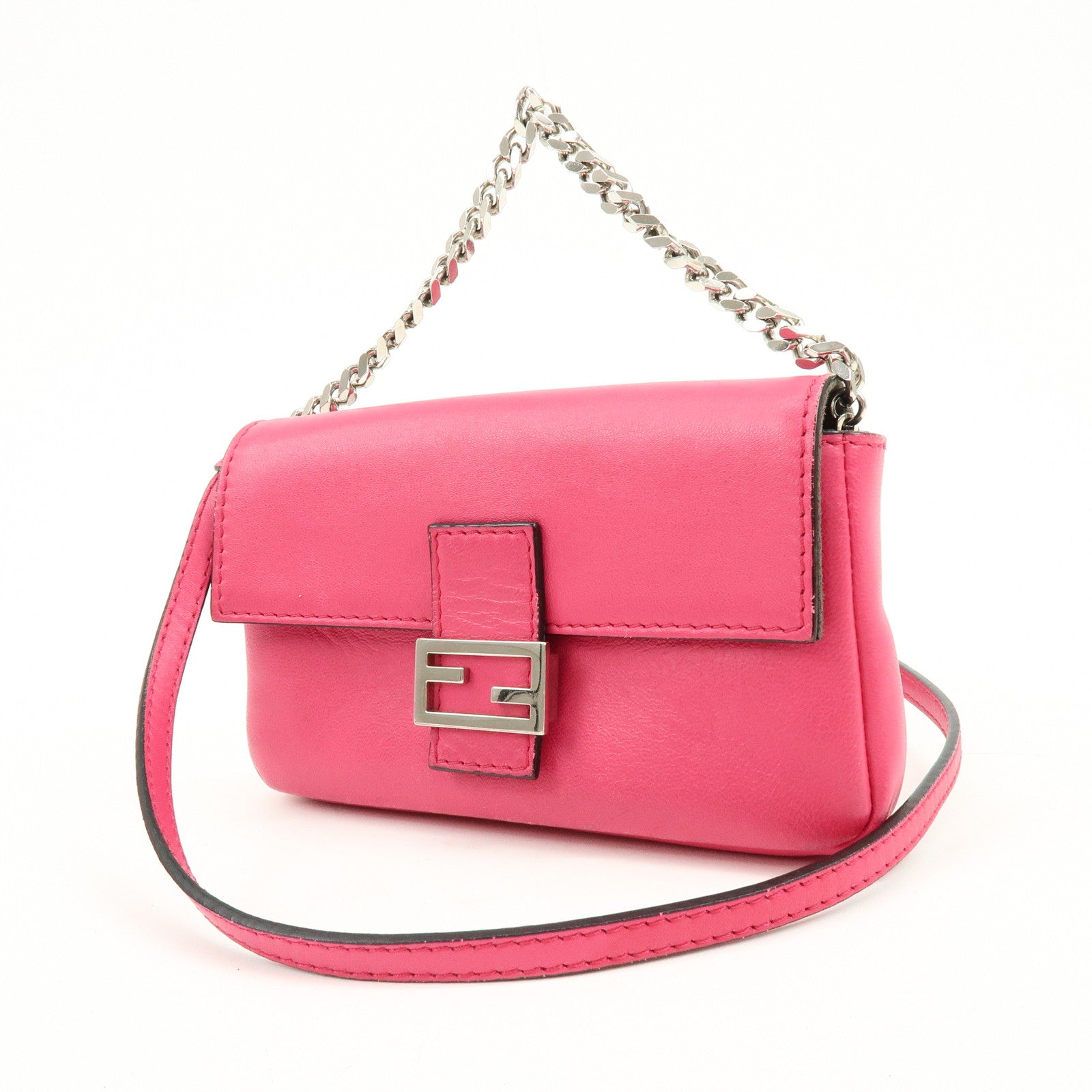 FENDI Leather Micro Baguette Shoulder Bag Crossbody Bag Pink 8M0354