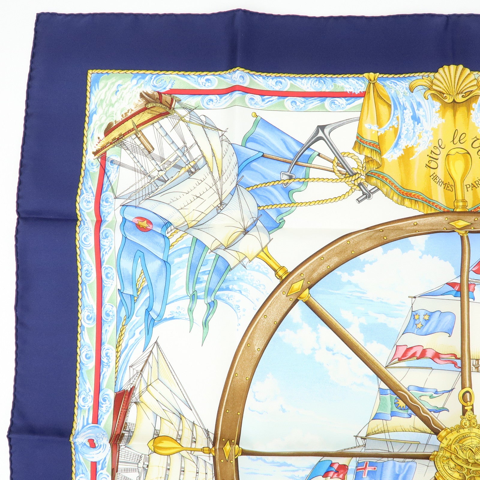 HERMES Carre 90 Silk 100% Scarf VIVE LE VENT Navy Blue Yellow White