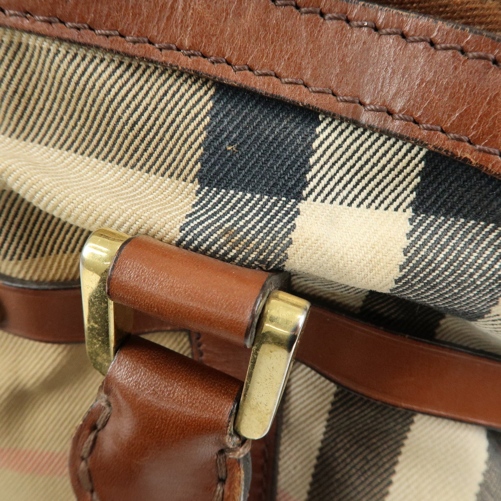 BURBERRY Nova Plaid Canvas Leather Hand Bag Beige Brown