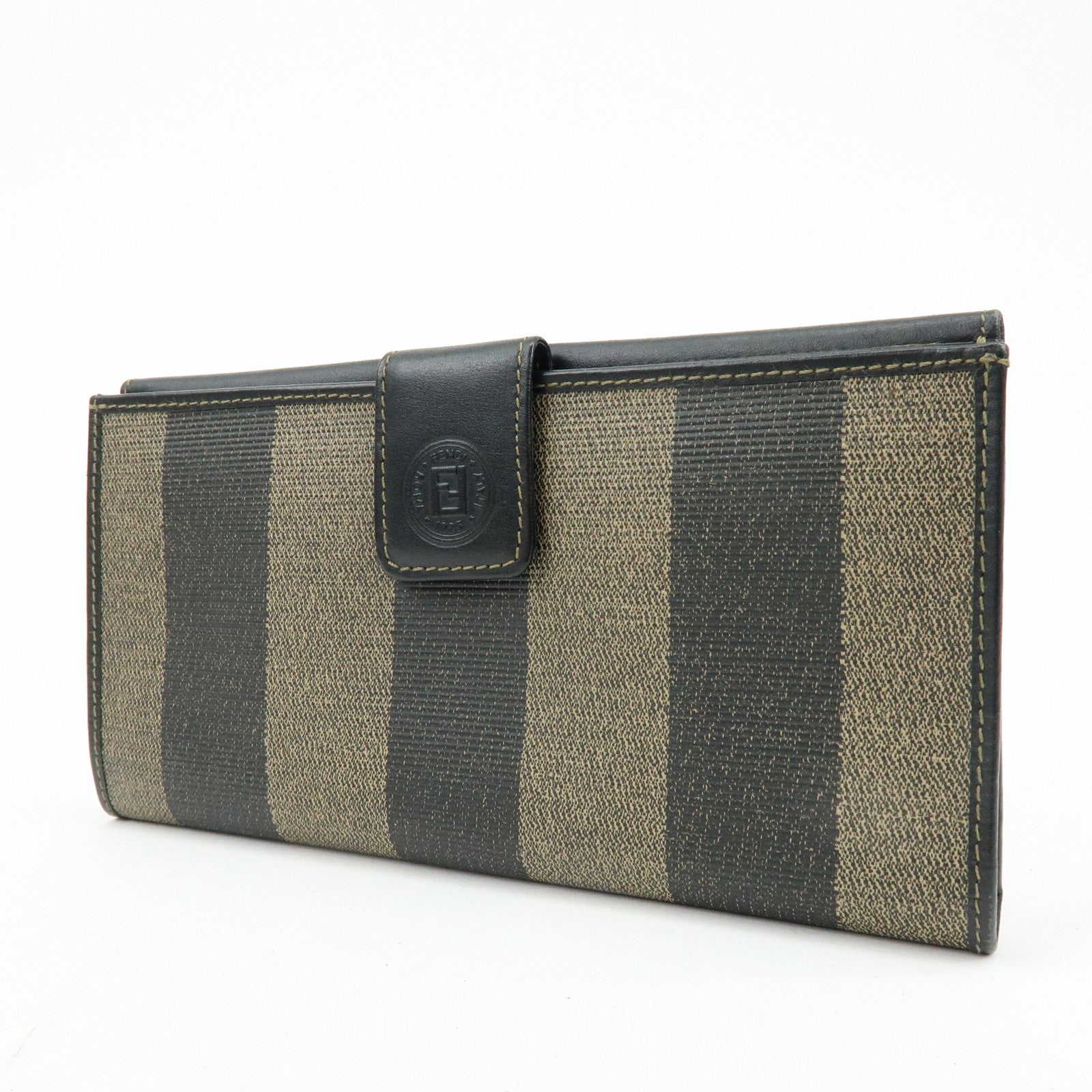FENDI Pequin Leather PVC Long Wallet Beige Black 30806