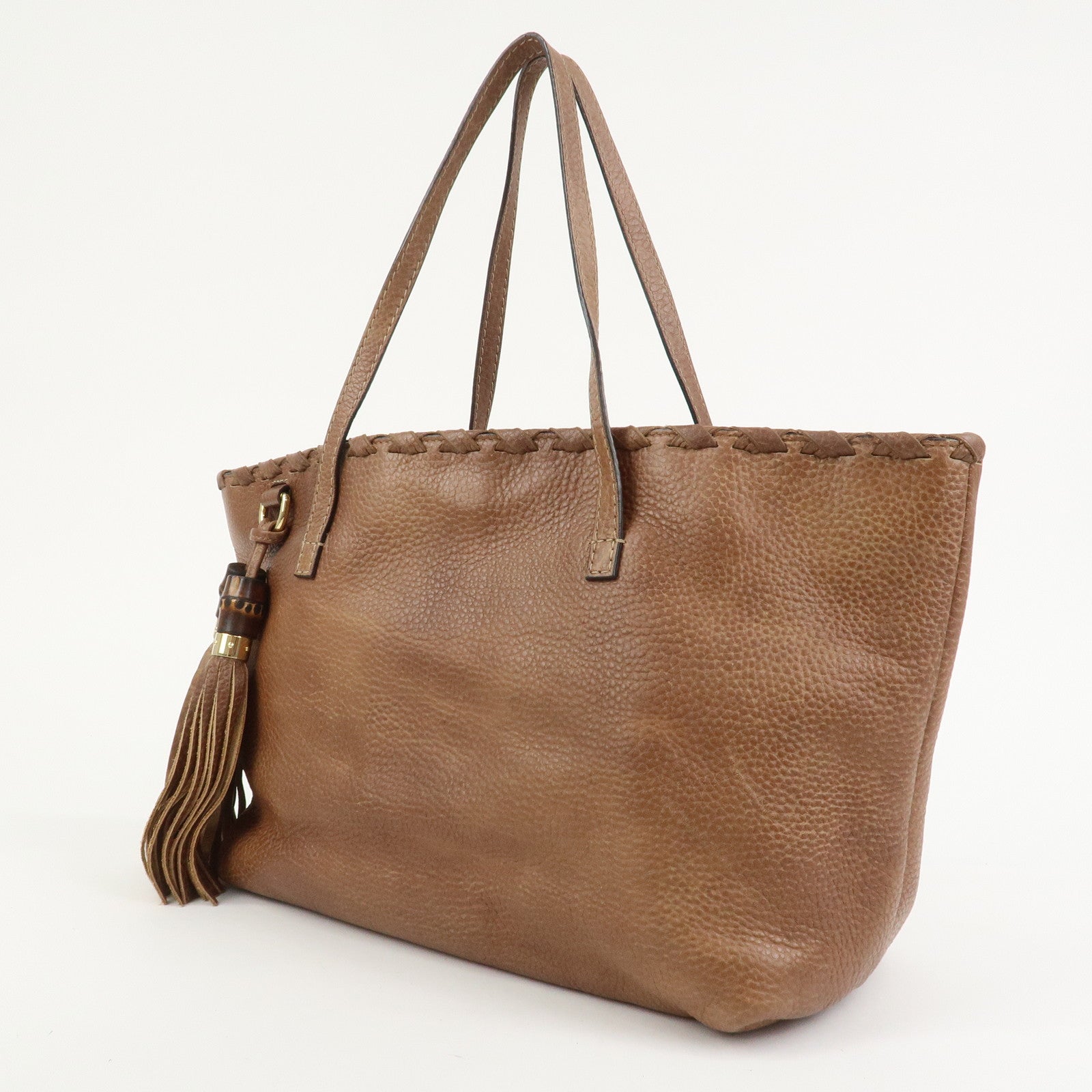 GUCCI Bamboo Fringe Leather Tote Bag Shoulder Bag Brown 218780