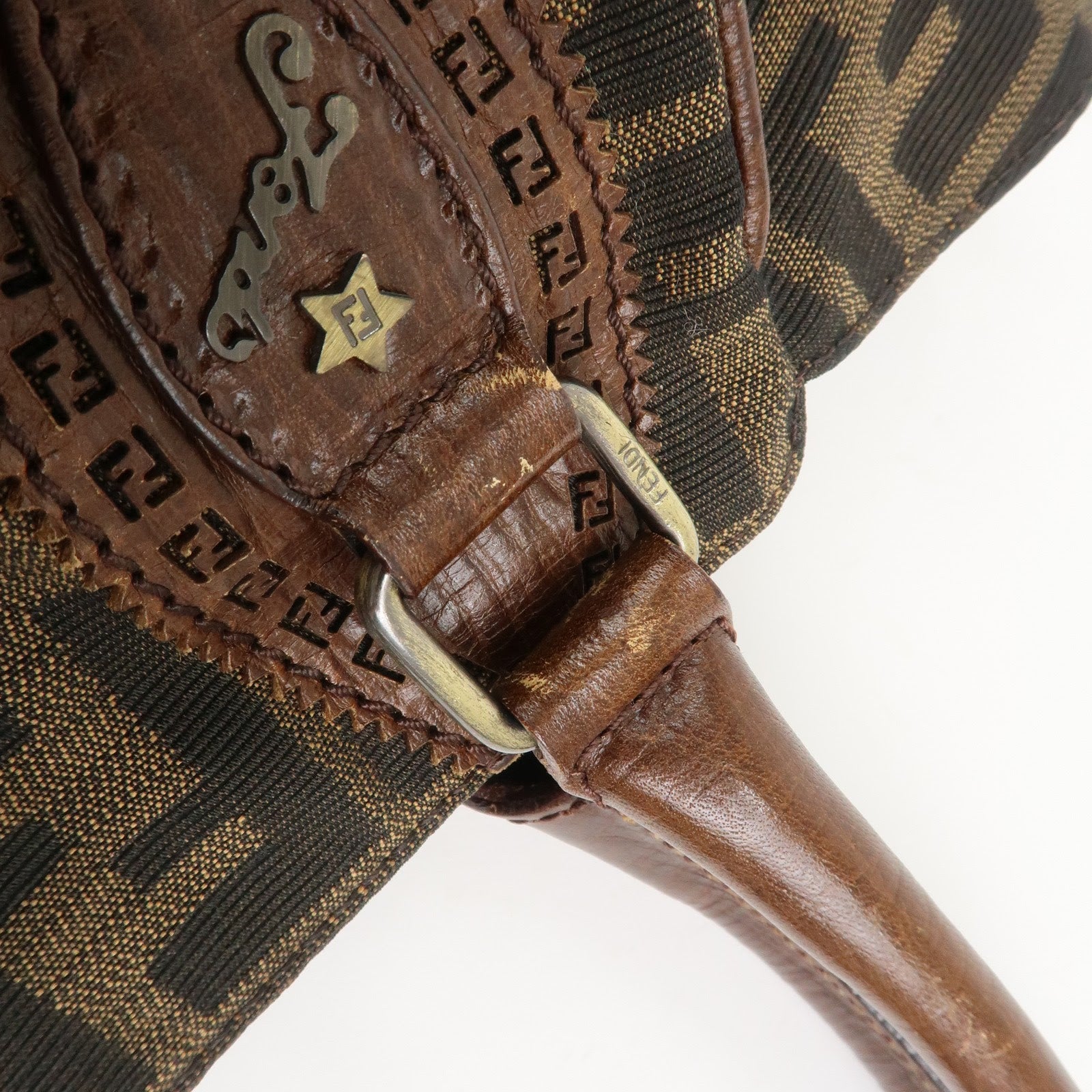 FENDI Etnico Zucca Canvas Leather Shoulder Bag Brown Black 8BN157