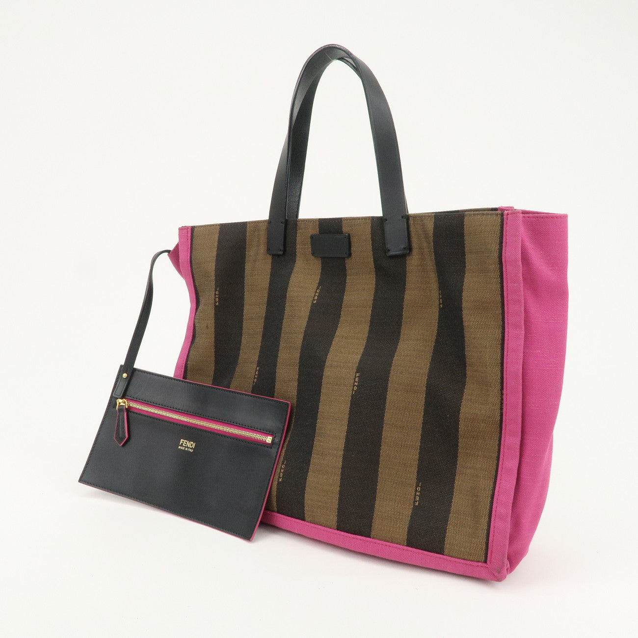 FENDI Pequin Canvas Leather Tote Bag Hand Bag Brown Pink 8BH252