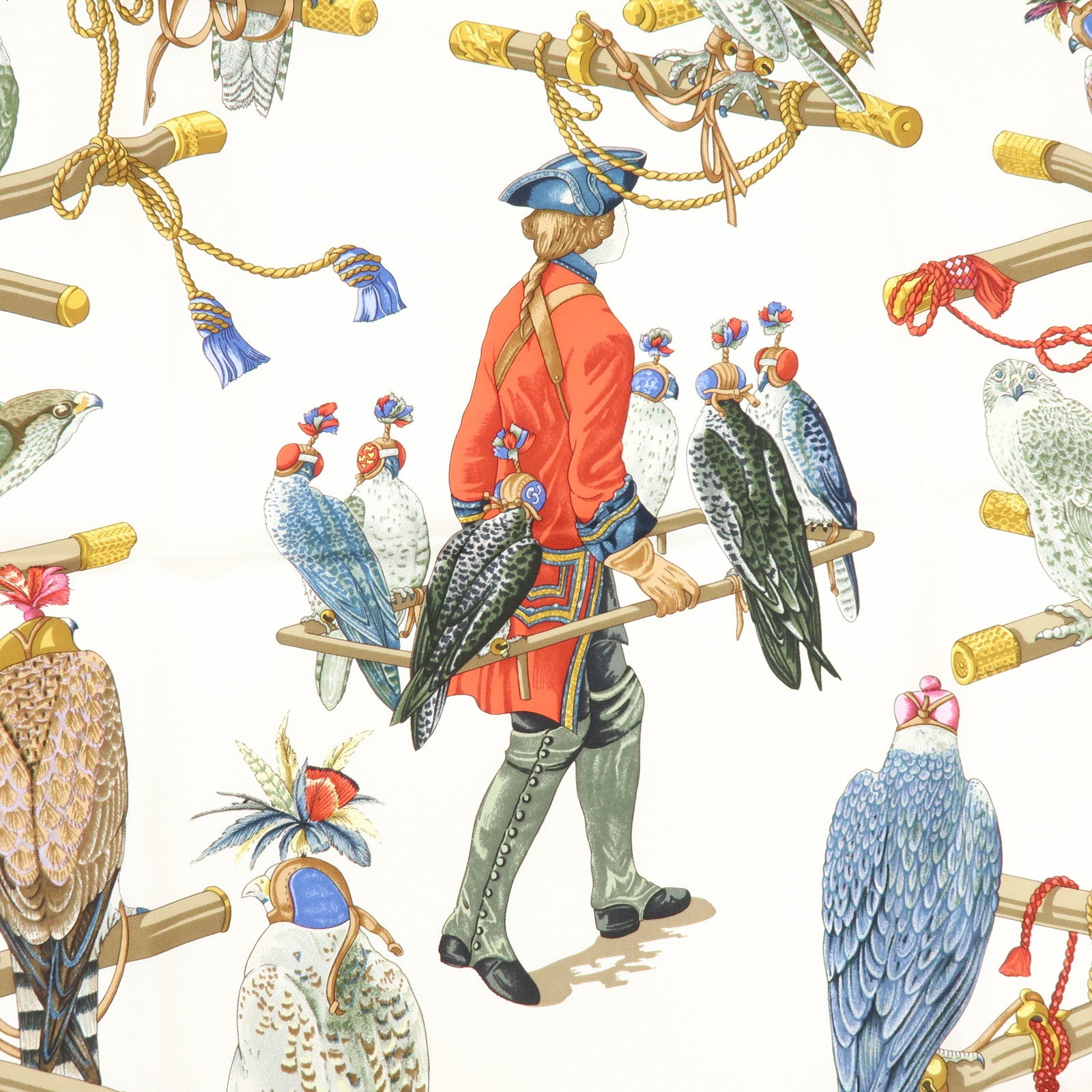 HERMES Carre 90 Silk 100% Scarf LES OISEAUX DU ROY Bird Print Navy