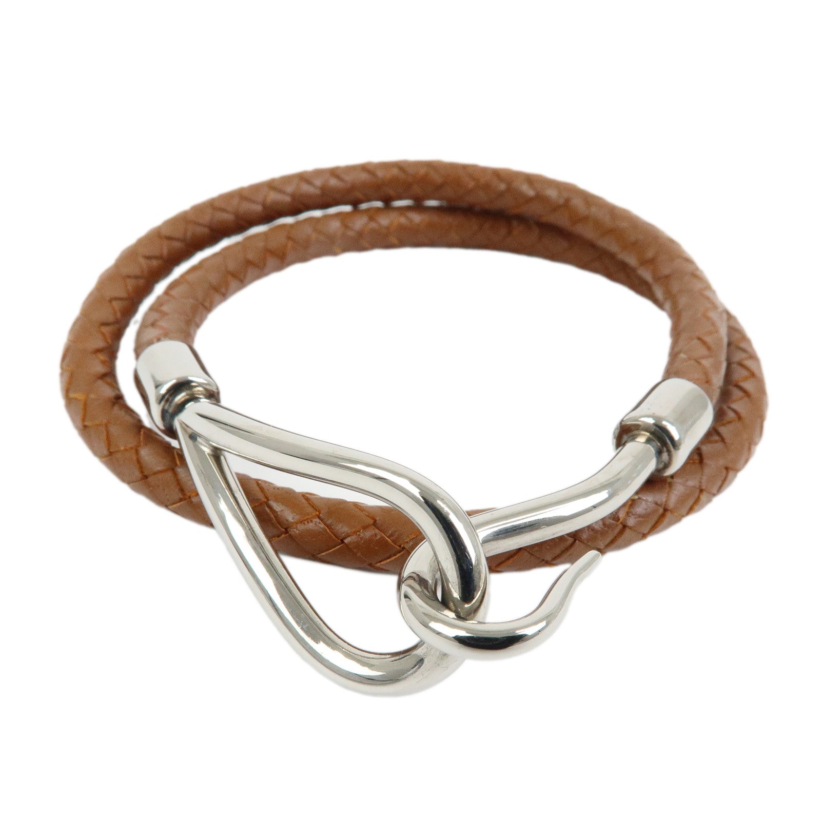 HERMES Jumbo Choker Leather Metal Bracelet Brown Silver
