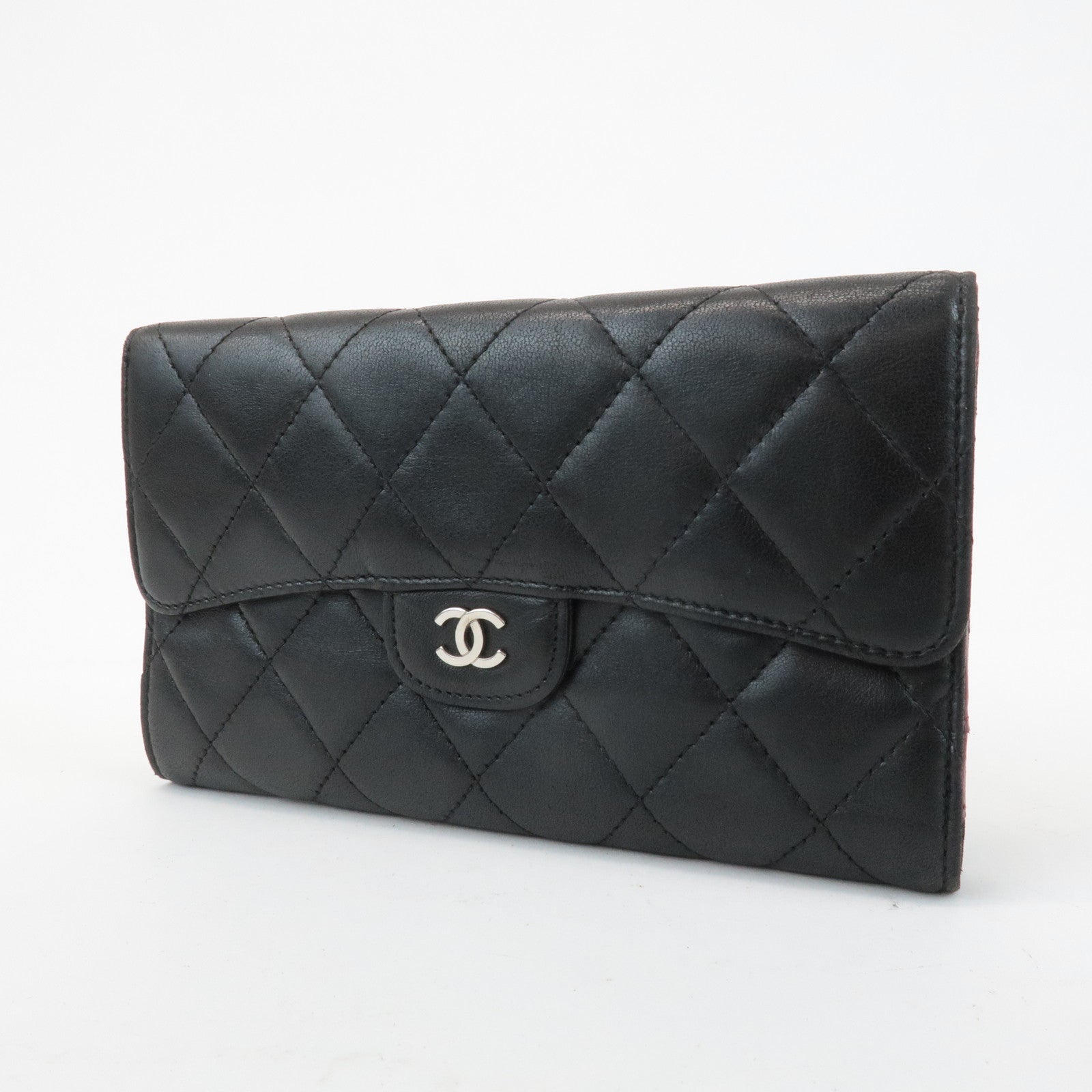CHANEL Matelasse Lamb Skin Tri-Fold Long Wallet Black A31506 Used