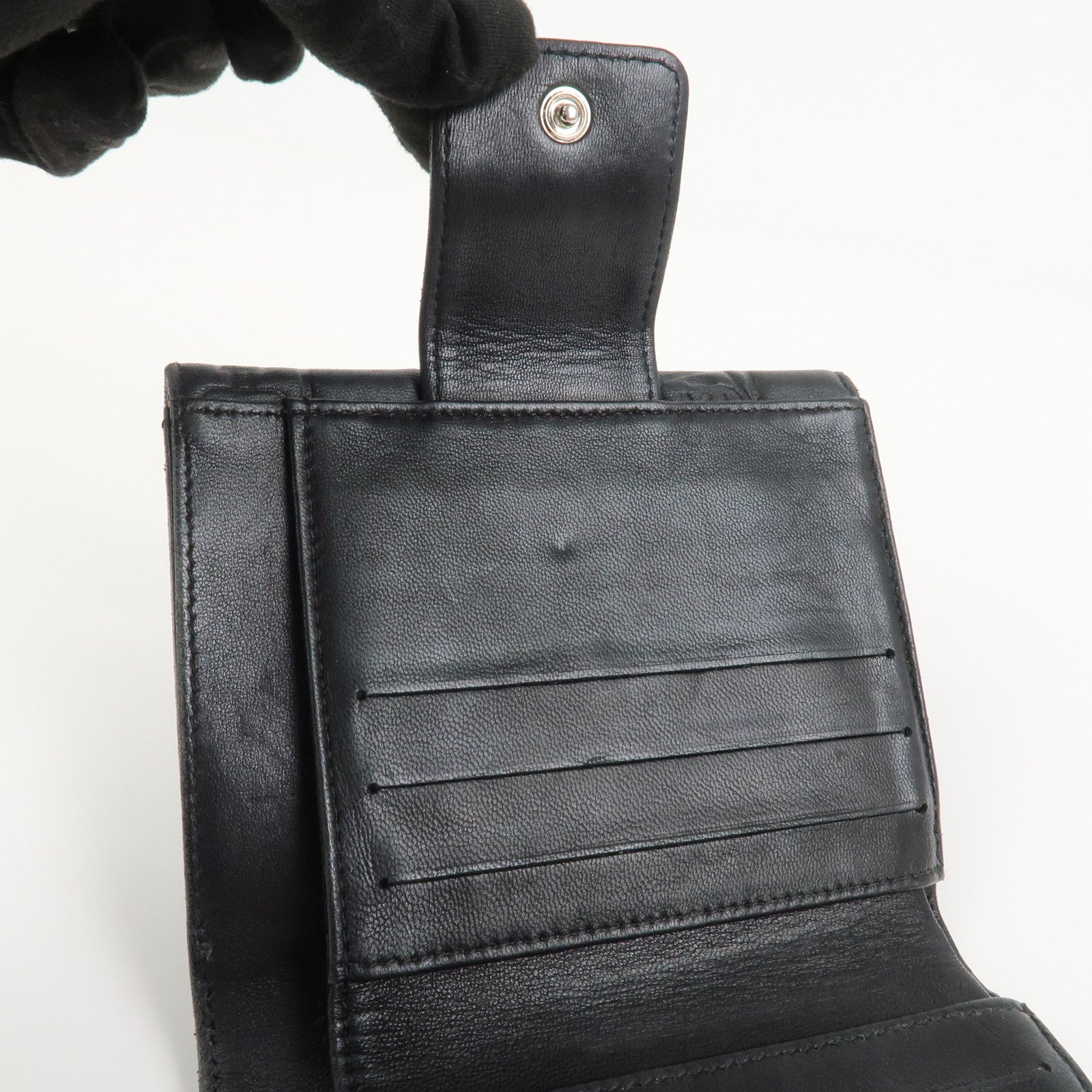 CHANEL Icon Line Lamb Skin W Flap Bi-fold Wallet Black A24212