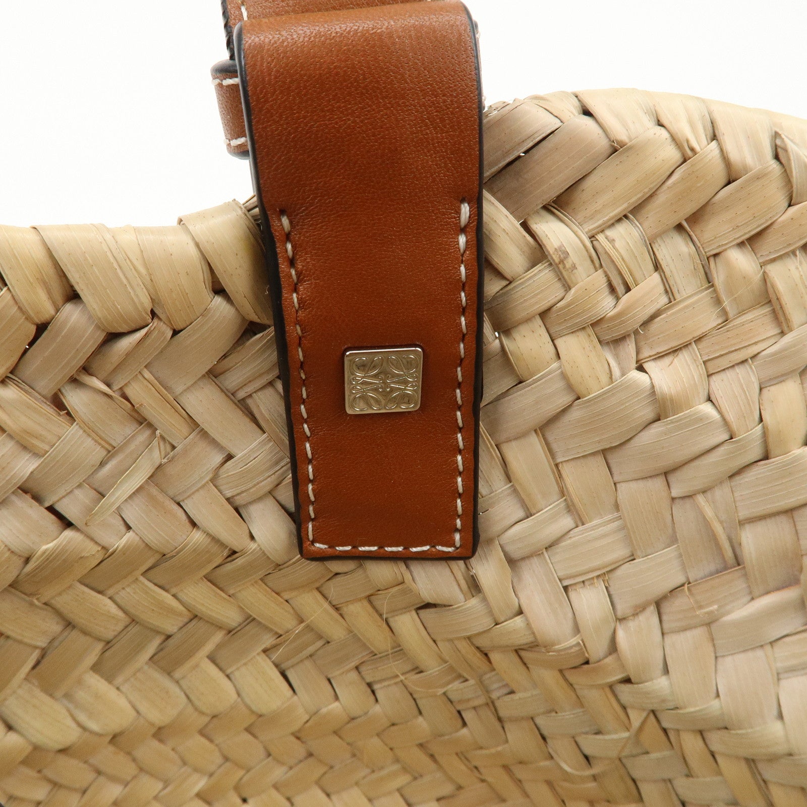 LOEWE Anagram Raffia Leather Basket Bag Hand Bag Natural Brown 2435