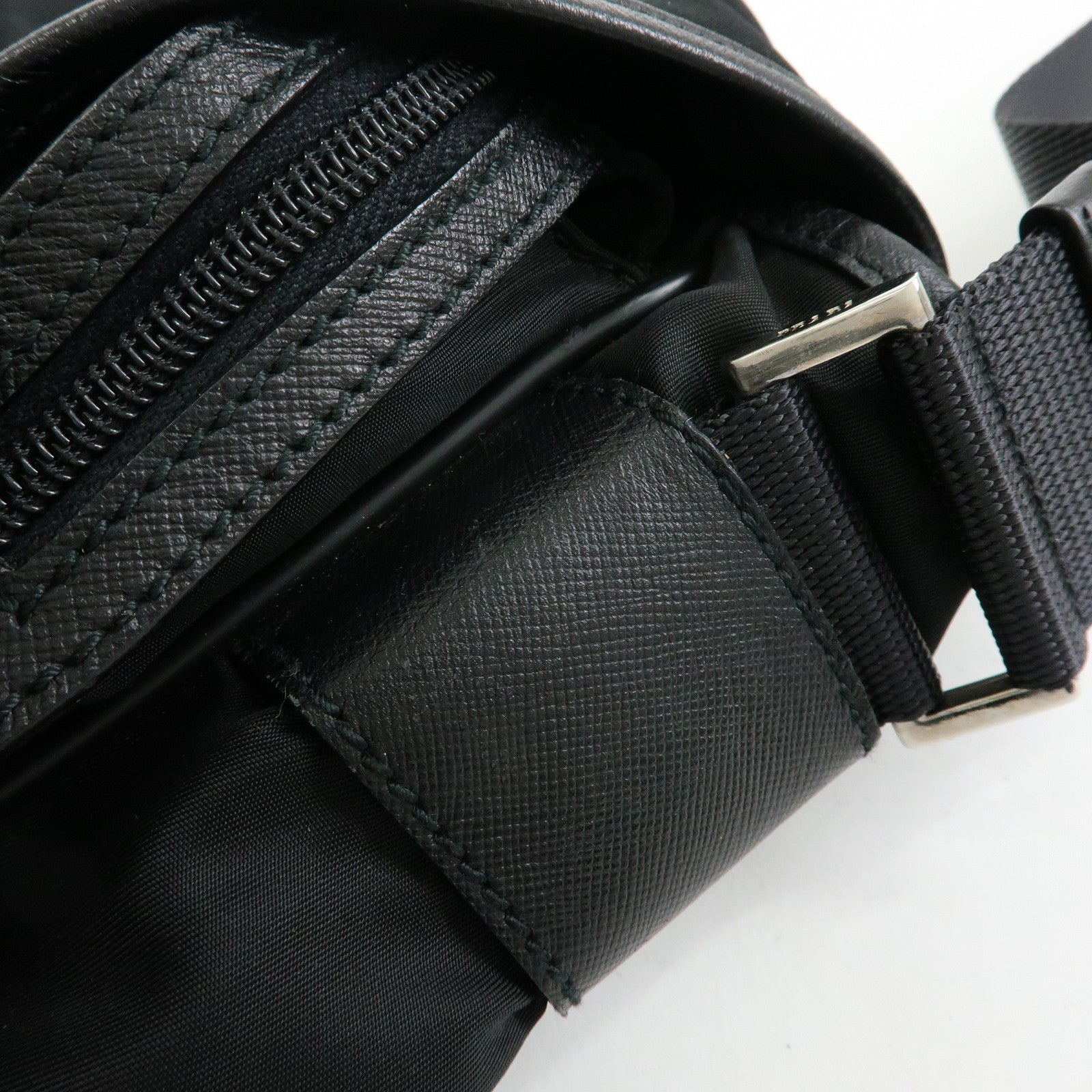PRADA Triangle Logo Nylon Saffiano Leather Shoulder Bag Black
