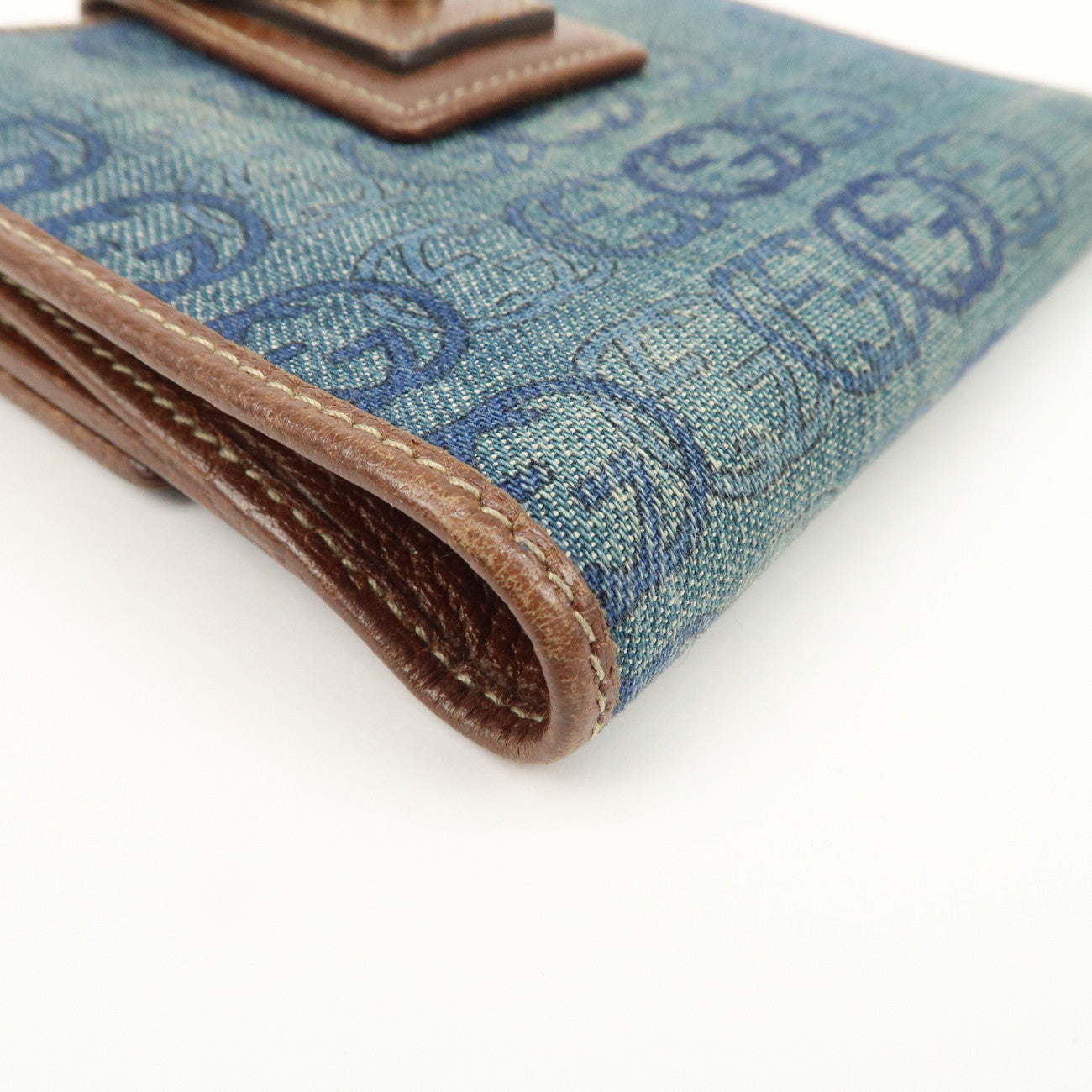 GUCCI Denim Leather Bi-Fold Compact Wallet Blue Brown