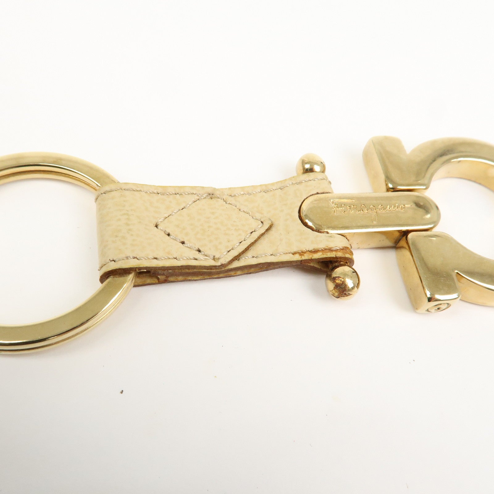 FERRAGAMO Logo Leather Metal Bag Charm Key Charm Beige Gold