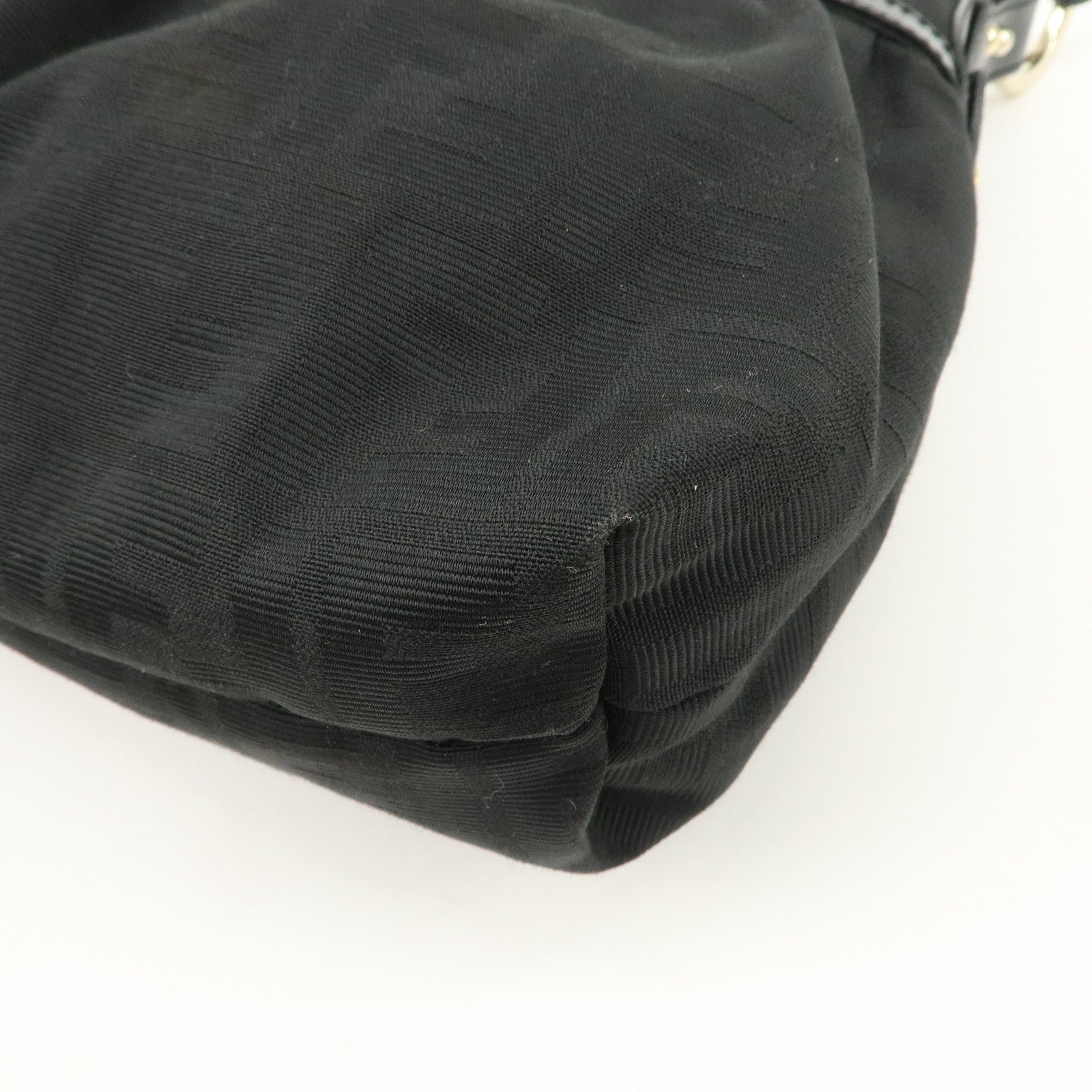 FENDI Zucca Canvas Leather Gathered Shoulder Bag Black 8BR448